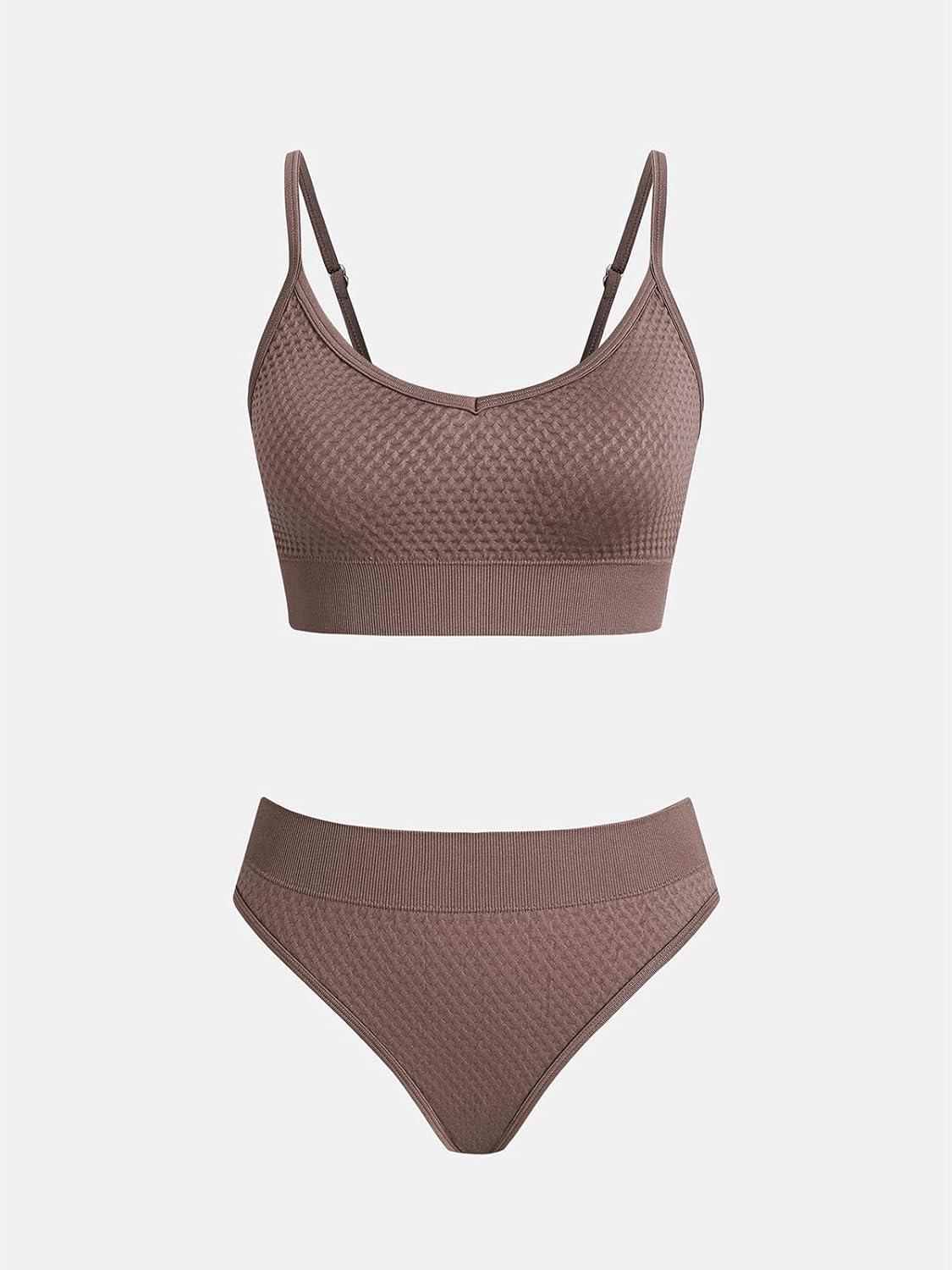 imageCUPSHE Womens Bikini Sets Two Piece Swimsuit Sporty Mid Rise Scoop Neck Adjustable Spaghetti Straps Textured MidkiniTaupe Brown