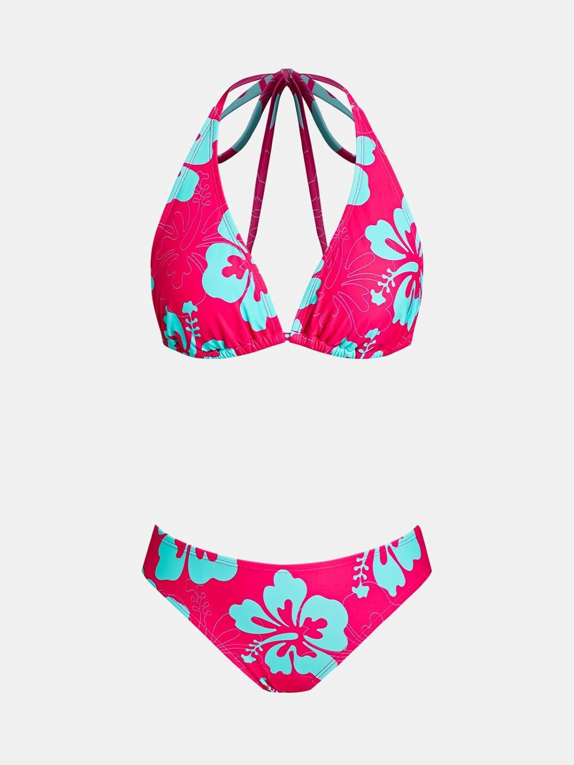 imageCUPSHE Womens Bikini Sets Two Piece Swimsuit V Neck Halter Back Self Tie Low Rise BottomPinkBlue Floral