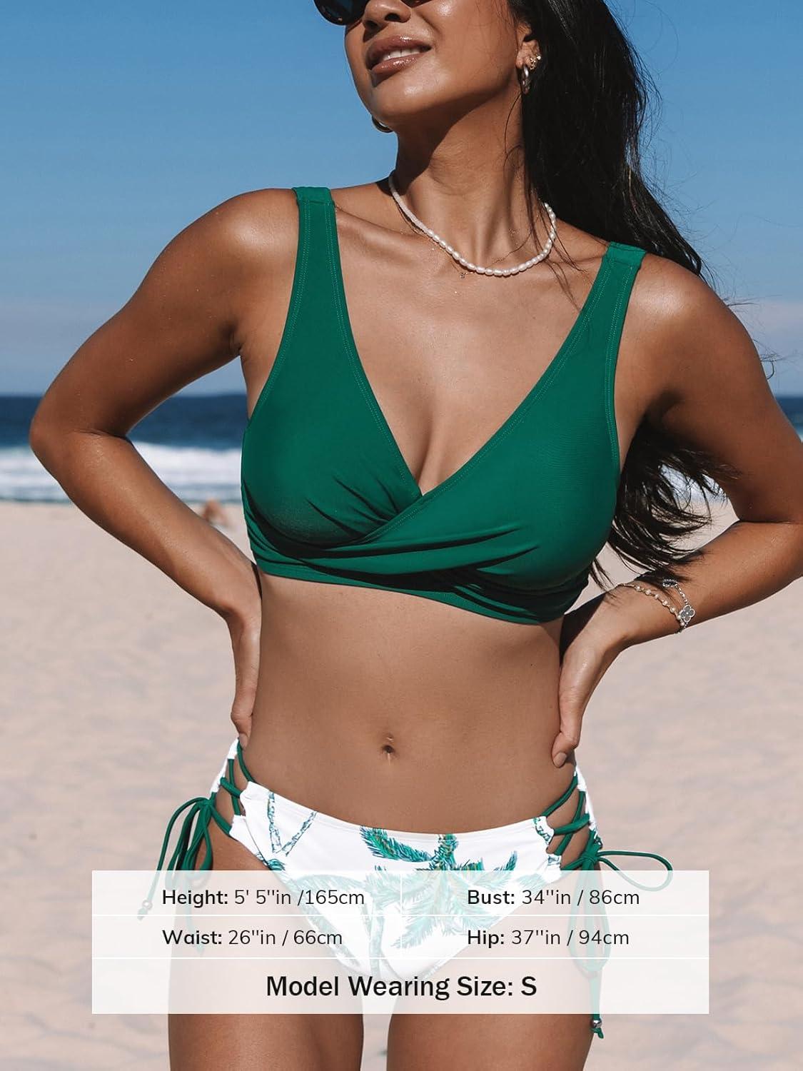 imageCUPSHE Womens Bikini Swimsuit Front Cross Lace Up Two Piece Bathing SuitEmerald GreenLeaf