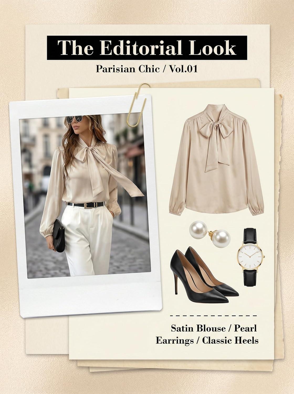 imageCUPSHE Womens Blouses Long Sleeve Satin Shirts Bow Tie High Neck Tops Dressy CasualBeige