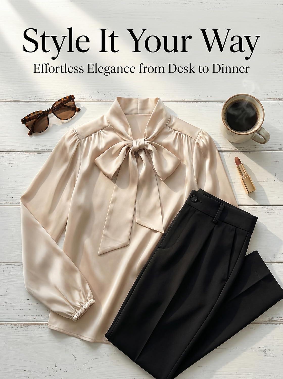 imageCUPSHE Womens Blouses Long Sleeve Satin Shirts Bow Tie High Neck Tops Dressy CasualBeige