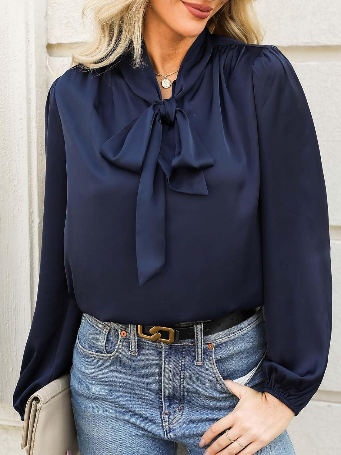 imageCUPSHE Womens Blouses Long Sleeve Satin Shirts Bow Tie High Neck Tops Dressy CasualDark Blue