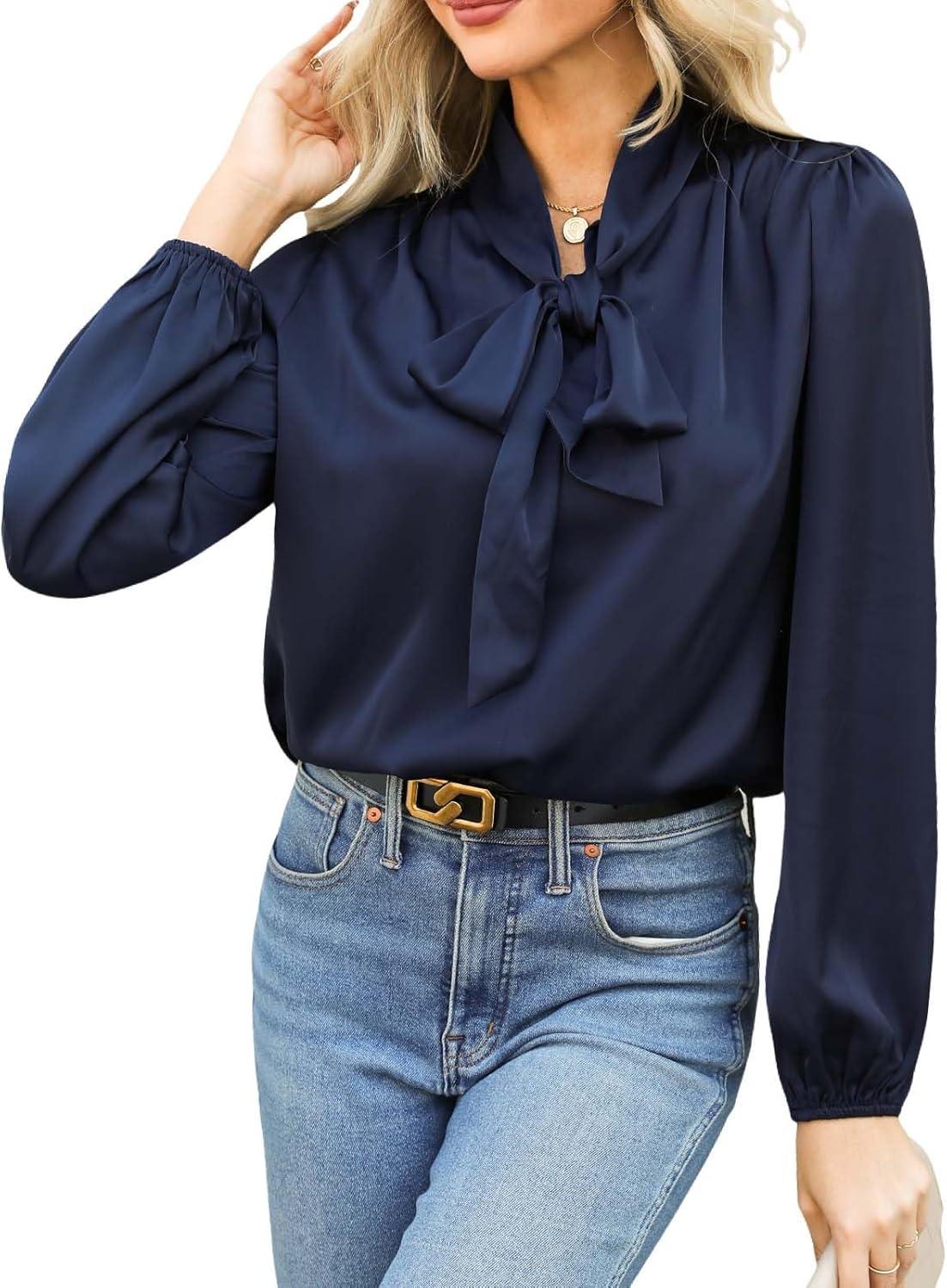 imageCUPSHE Womens Blouses Long Sleeve Satin Shirts Bow Tie High Neck Tops Dressy CasualDark Blue