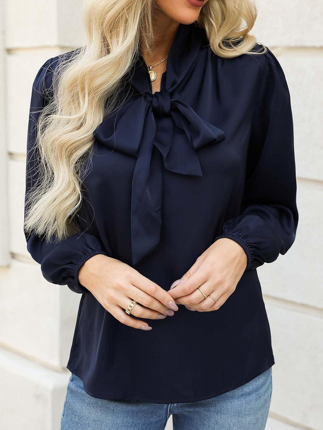 imageCUPSHE Womens Blouses Long Sleeve Satin Shirts Bow Tie High Neck Tops Dressy CasualDark Blue