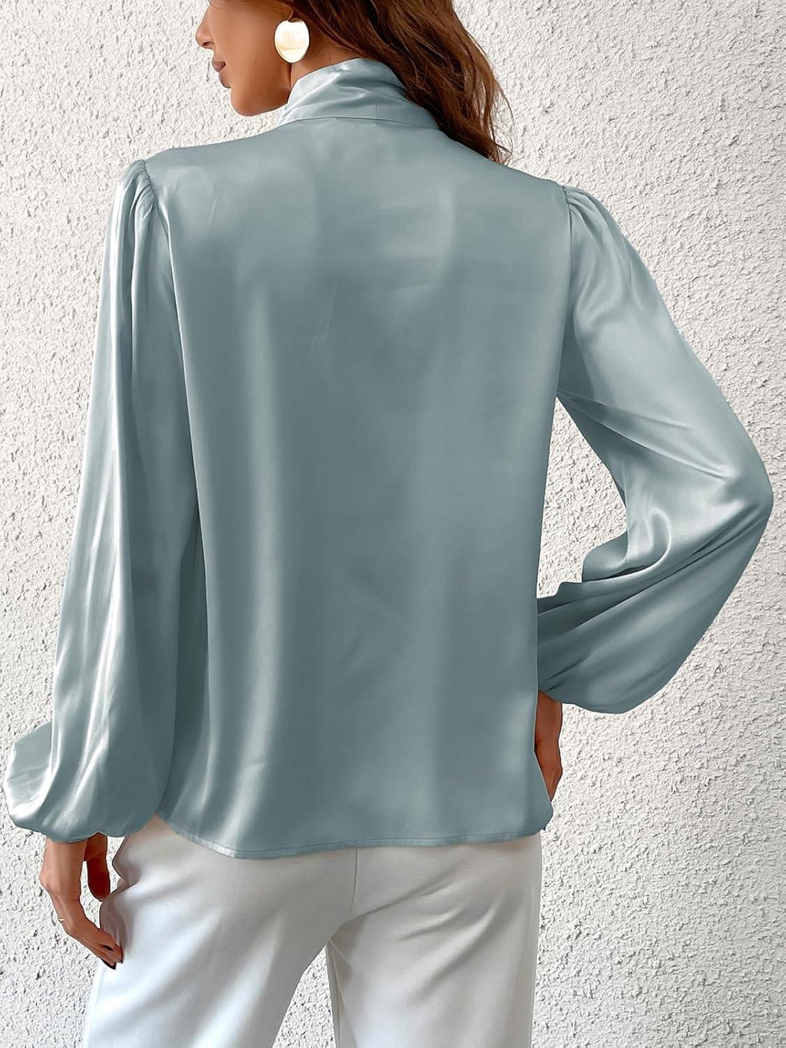 imageCUPSHE Womens Blouses Long Sleeve Satin Shirts Bow Tie High Neck Tops Dressy CasualLight Blue