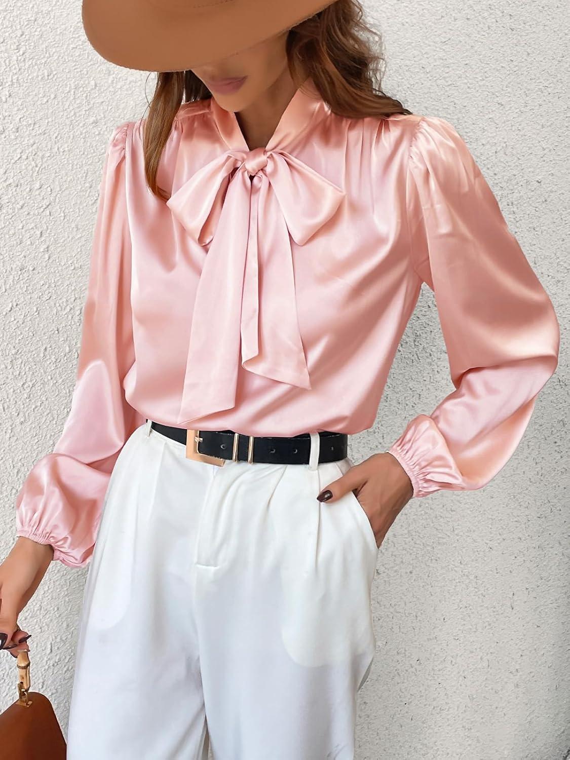 imageCUPSHE Womens Blouses Long Sleeve Satin Shirts Bow Tie High Neck Tops Dressy CasualPink