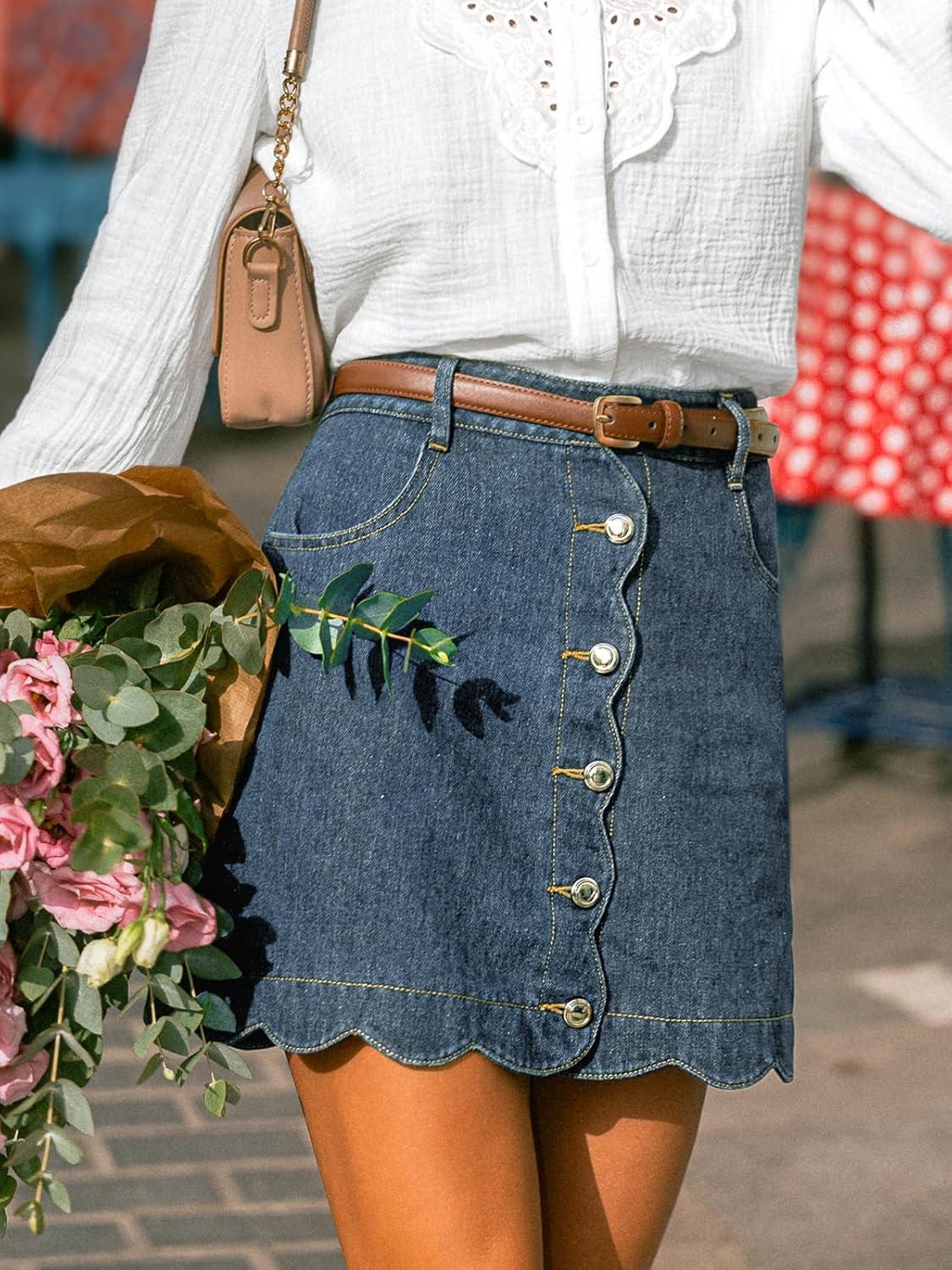 imageCUPSHE Womens Denim Mini Skirt Button Front ALine Jean High Waist Scalloped Hem Casual OutfitsSky Blue