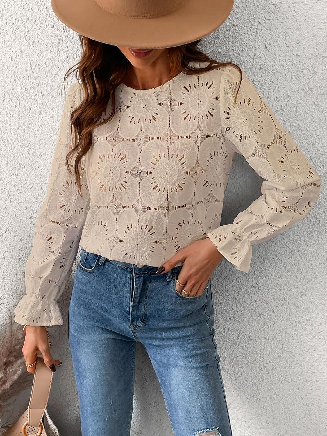 imageCUPSHE Womens Eyelet Long Sleeve Tops Shirts Dressy Hollow Out Crochet Lace Embroidered Blouses 2026 FashionBeige
