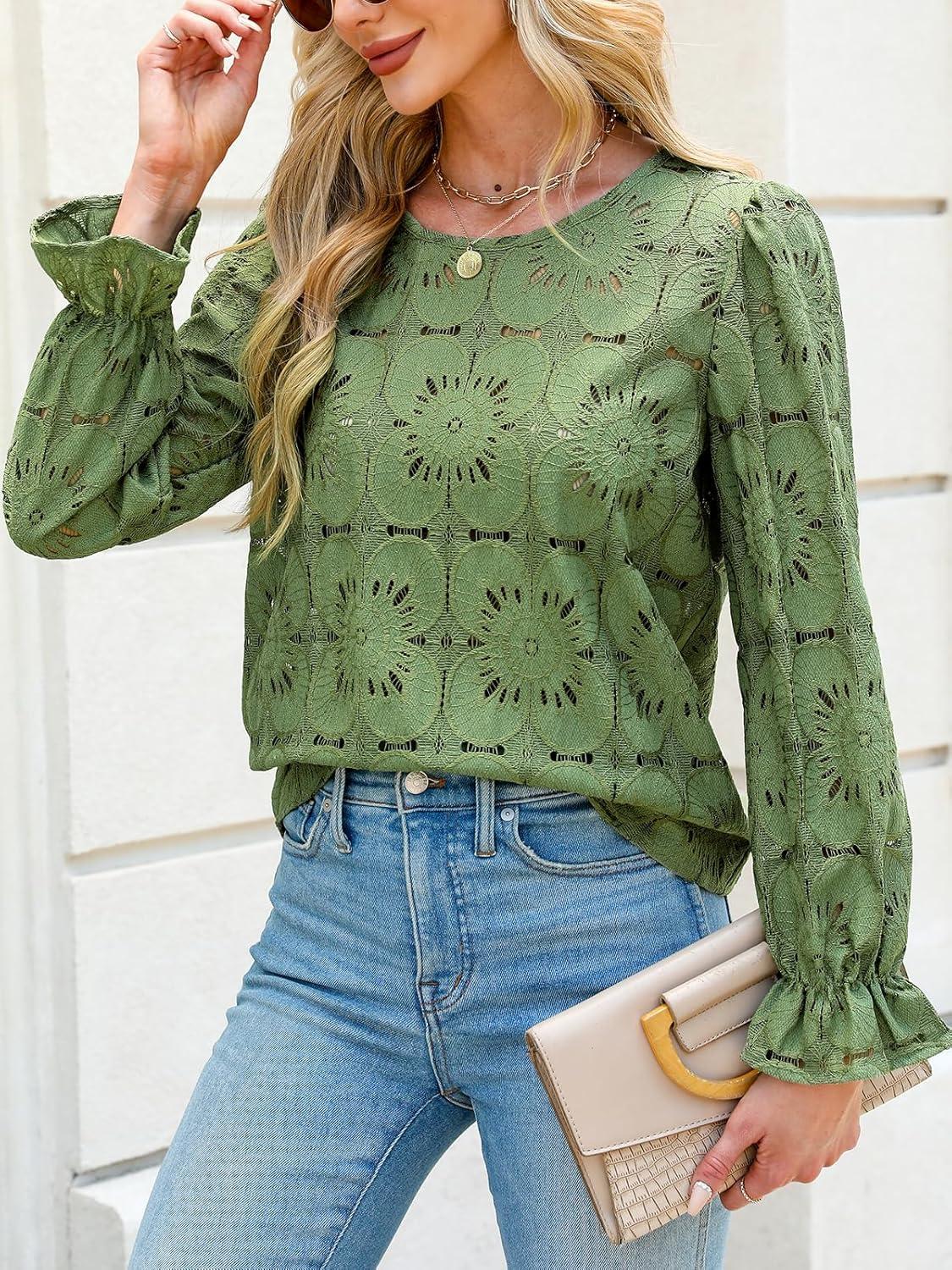 imageCUPSHE Womens Eyelet Long Sleeve Tops Shirts Dressy Hollow Out Crochet Lace Embroidered Blouses 2026 FashionGreen
