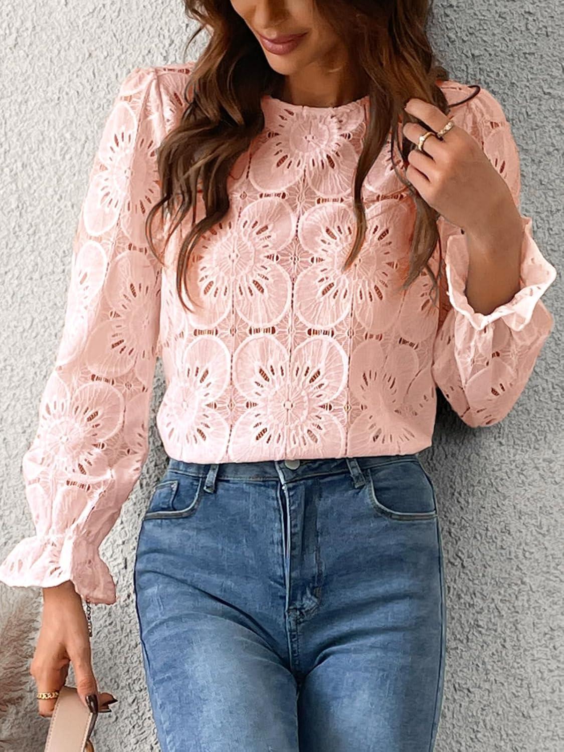 imageCUPSHE Womens Eyelet Long Sleeve Tops Shirts Dressy Hollow Out Crochet Lace Embroidered Blouses 2026 FashionPink