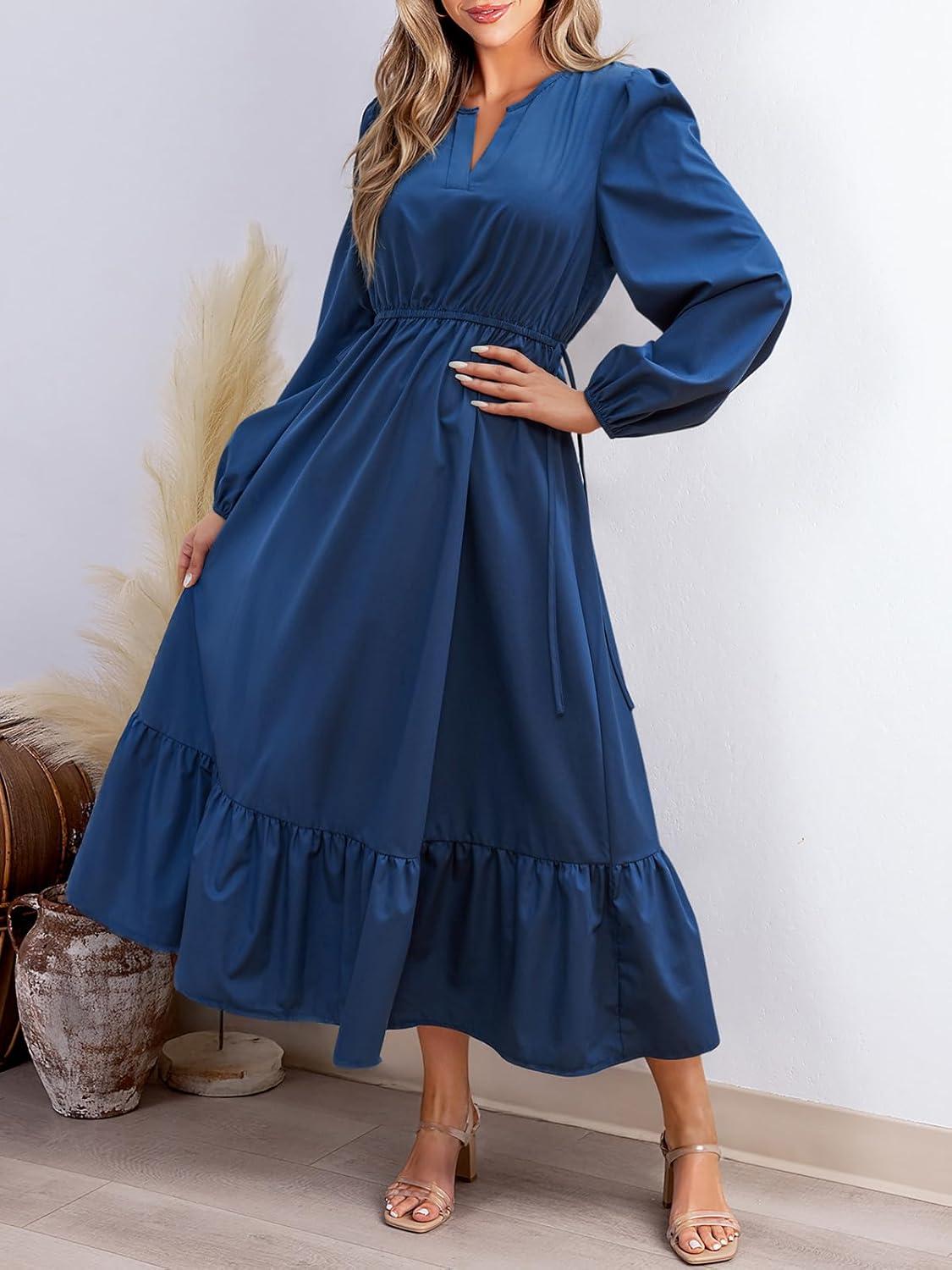 imageCUPSHE Womens Fall Dresses 2025 Long Sleeve V Neck Casual Outfits A Line Tunic Waist Ruffled Vacation Flowy Maxi Party DressBlue
