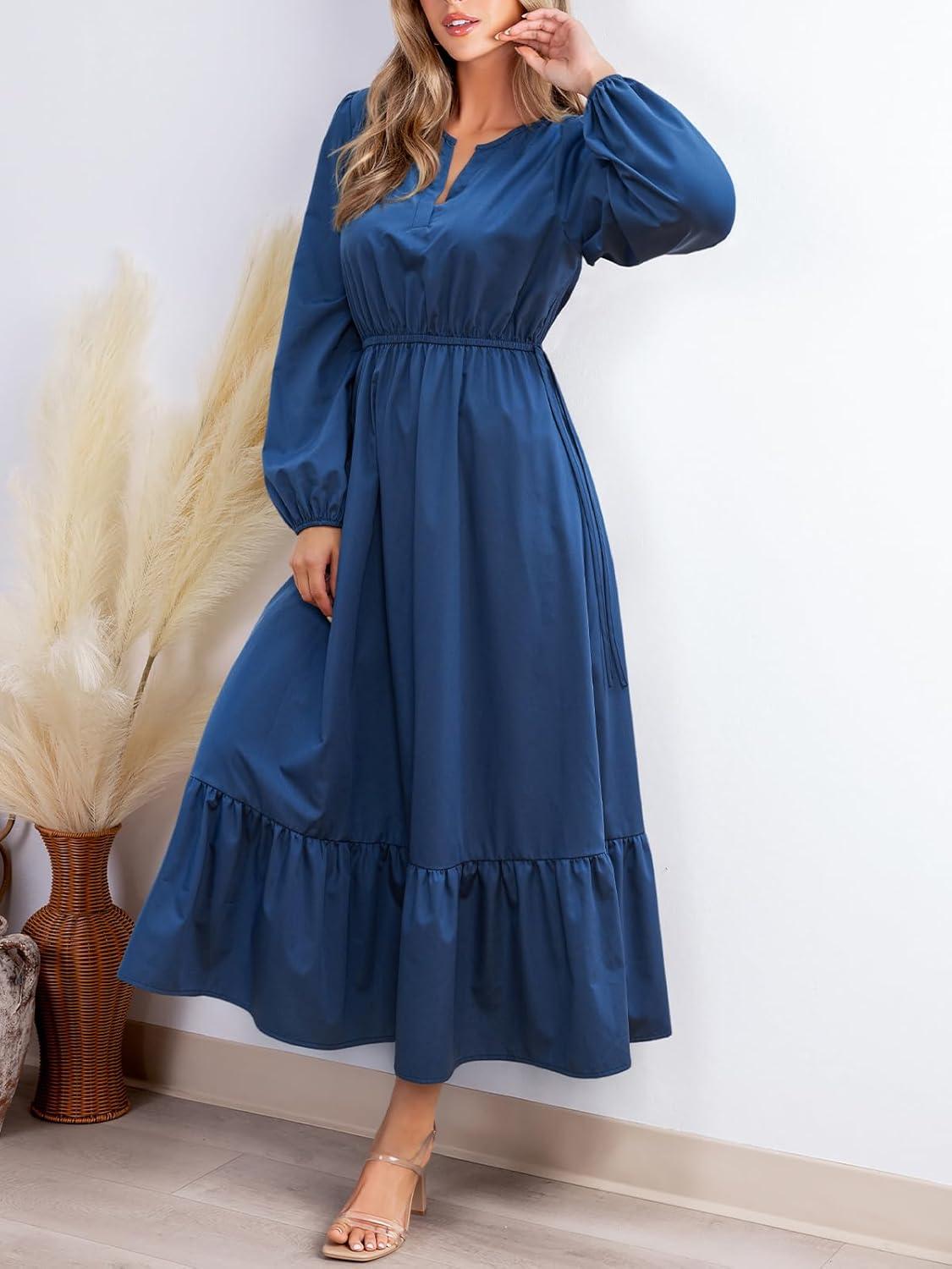 imageCUPSHE Womens Fall Dresses 2025 Long Sleeve V Neck Casual Outfits A Line Tunic Waist Ruffled Vacation Flowy Maxi Party DressBlue