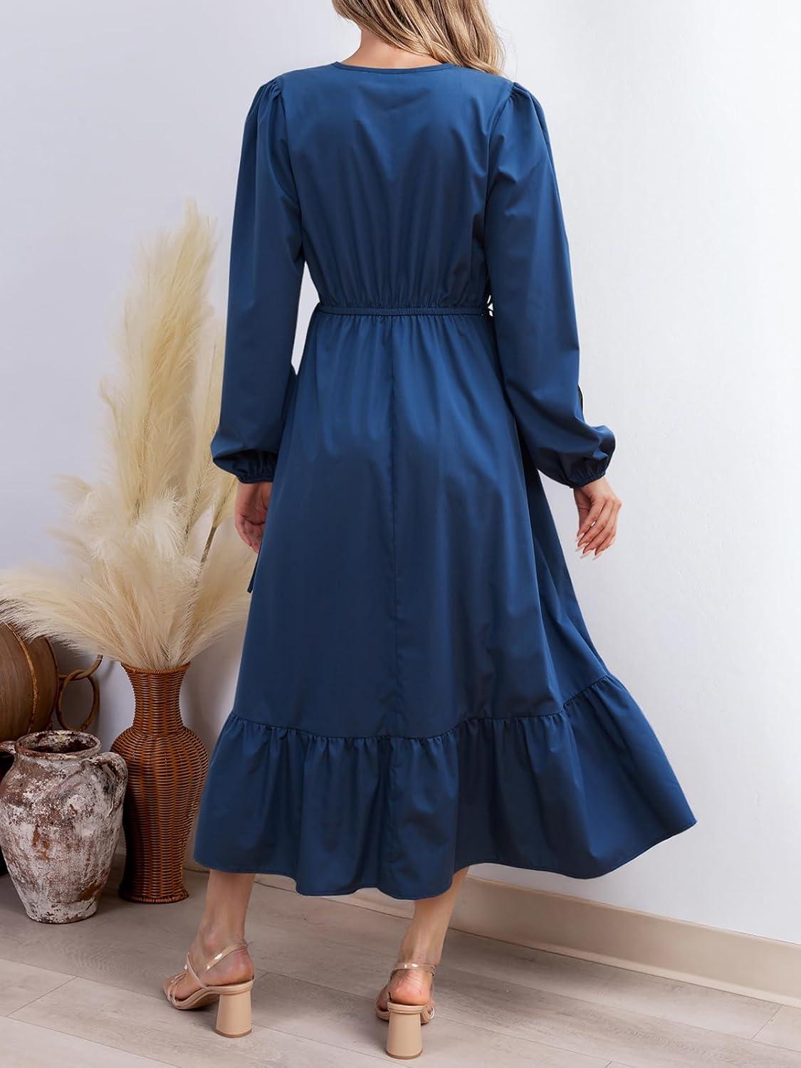 imageCUPSHE Womens Fall Dresses 2025 Long Sleeve V Neck Casual Outfits A Line Tunic Waist Ruffled Vacation Flowy Maxi Party DressBlue