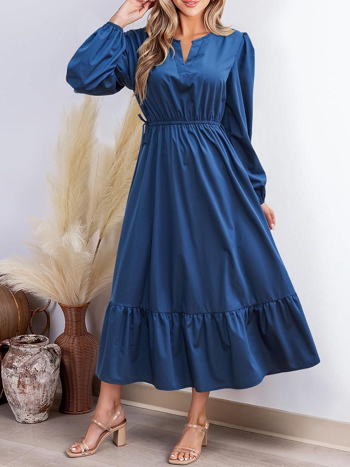 imageCUPSHE Womens Fall Dresses 2025 Long Sleeve V Neck Casual Outfits A Line Tunic Waist Ruffled Vacation Flowy Maxi Party DressBlue