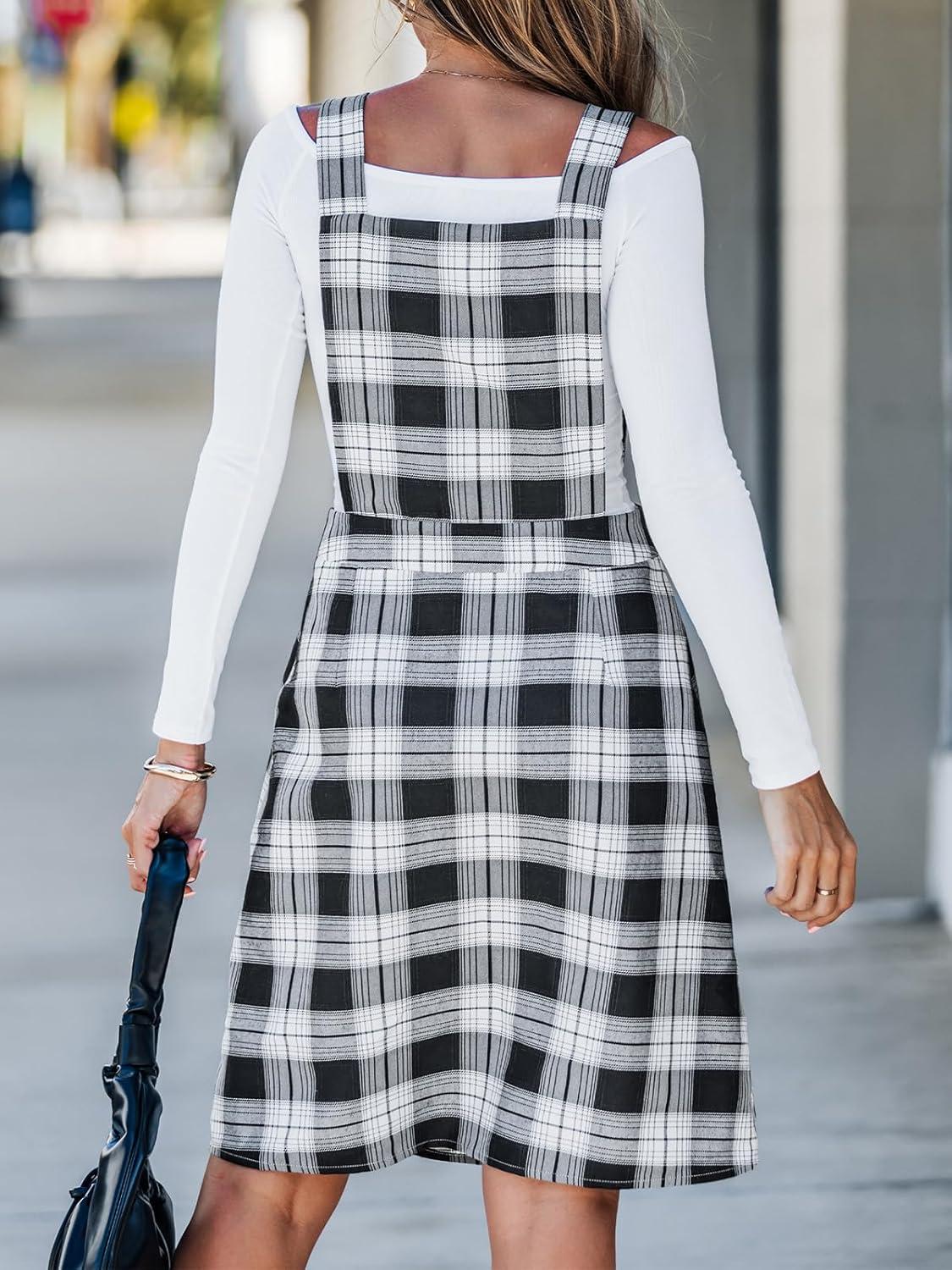 imageCUPSHE Womens Fall Dresses Plaid Button Square Neck A Line Casual Pinafore Overall Midi DressBlack