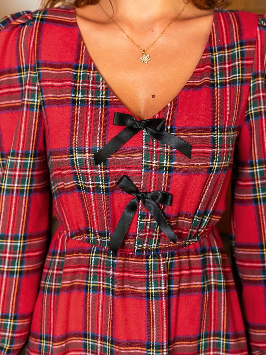 imageCUPSHE Womens Fall Dresses Plaid V Neck Bowknot Long Sleeve Smocked A Line Babydoll Mini DressRed
