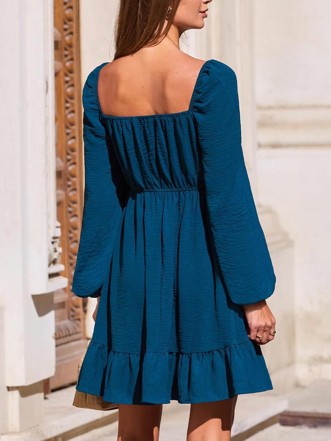 imageCUPSHE Womens Fall Wedding Guest Dresses Lace V Neck Ruffle Hem Long Sleeve A Line Mini DressBlue