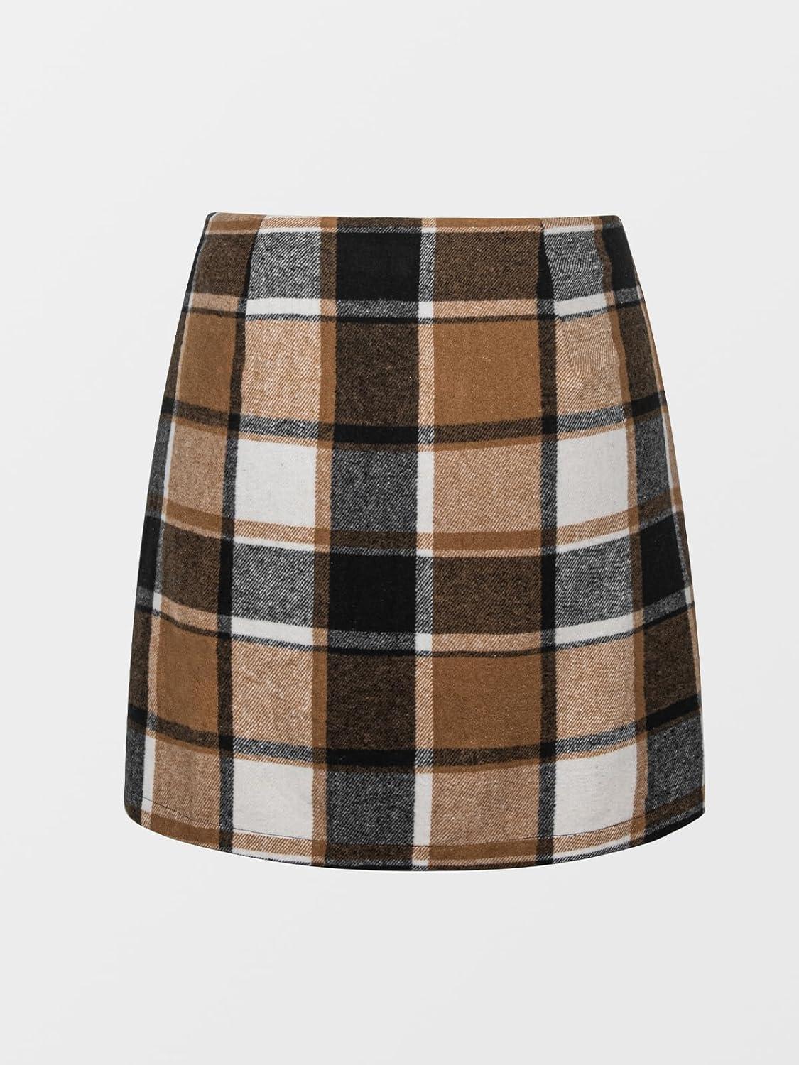 imageCUPSHE Womens High Waist Plaid Skirt Causal Bodycon Pencil Wool Mini Skirts Winter Fall A Line Elegent OutfitsBrown
