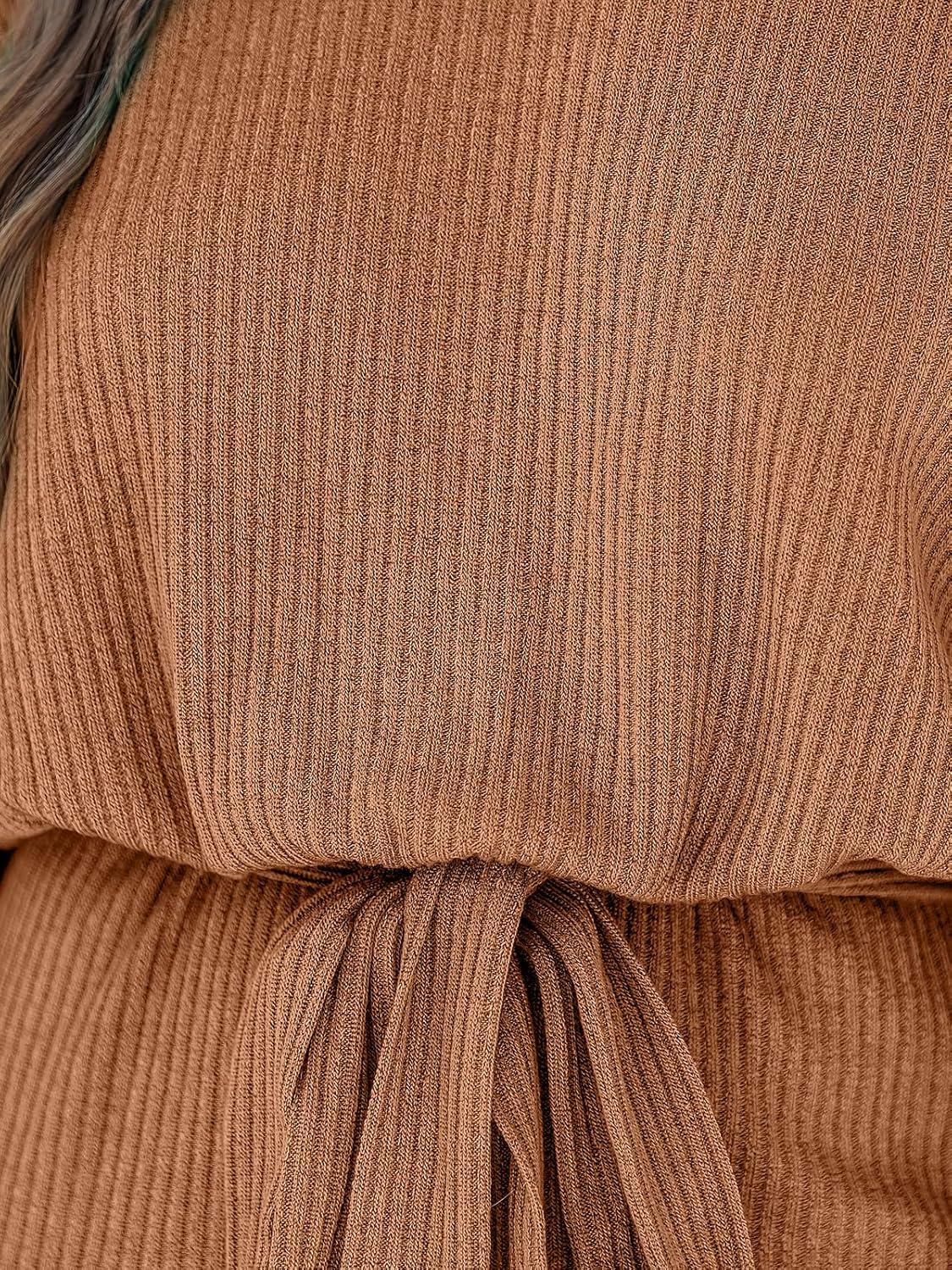 imageCUPSHE Womens Knit Mini Dresses Lantern Long Sleeve Casual Belted Back Tie Vacation Cocktail DressBrown