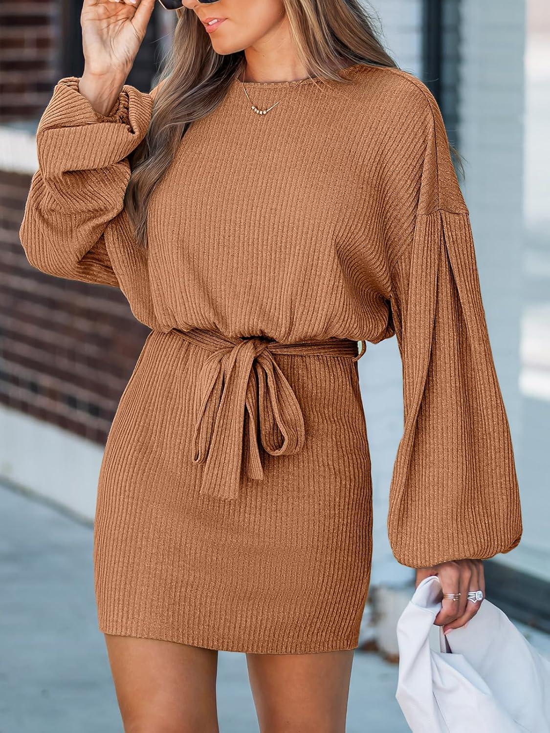 imageCUPSHE Womens Knit Mini Dresses Lantern Long Sleeve Casual Belted Back Tie Vacation Cocktail DressBrown