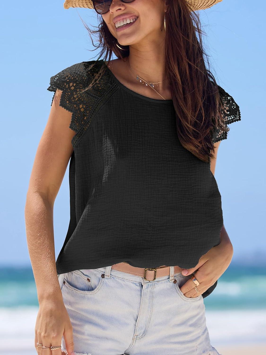 imageCUPSHE Womens Lace Short Sleeve Tops Cap Sleeve T Shirts 2025 Cute Basic Trendy Fashion Casual Dressy OutfitsBlack