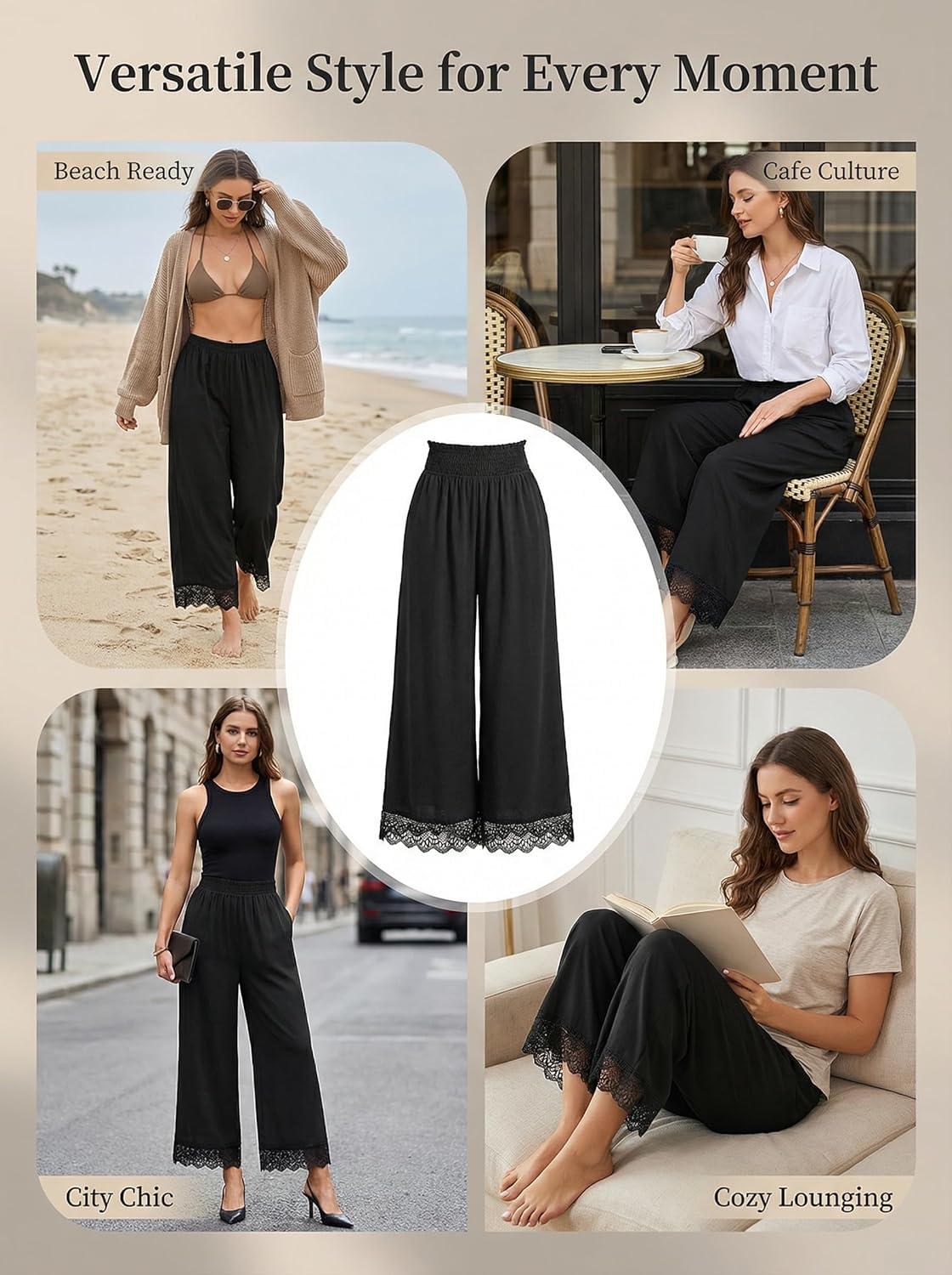 imageCUPSHE Womens Lace Trim Wide Leg Pants Spring Summer High Waist Smocked Palazzo Casual Beach Pants with PocketsBlack