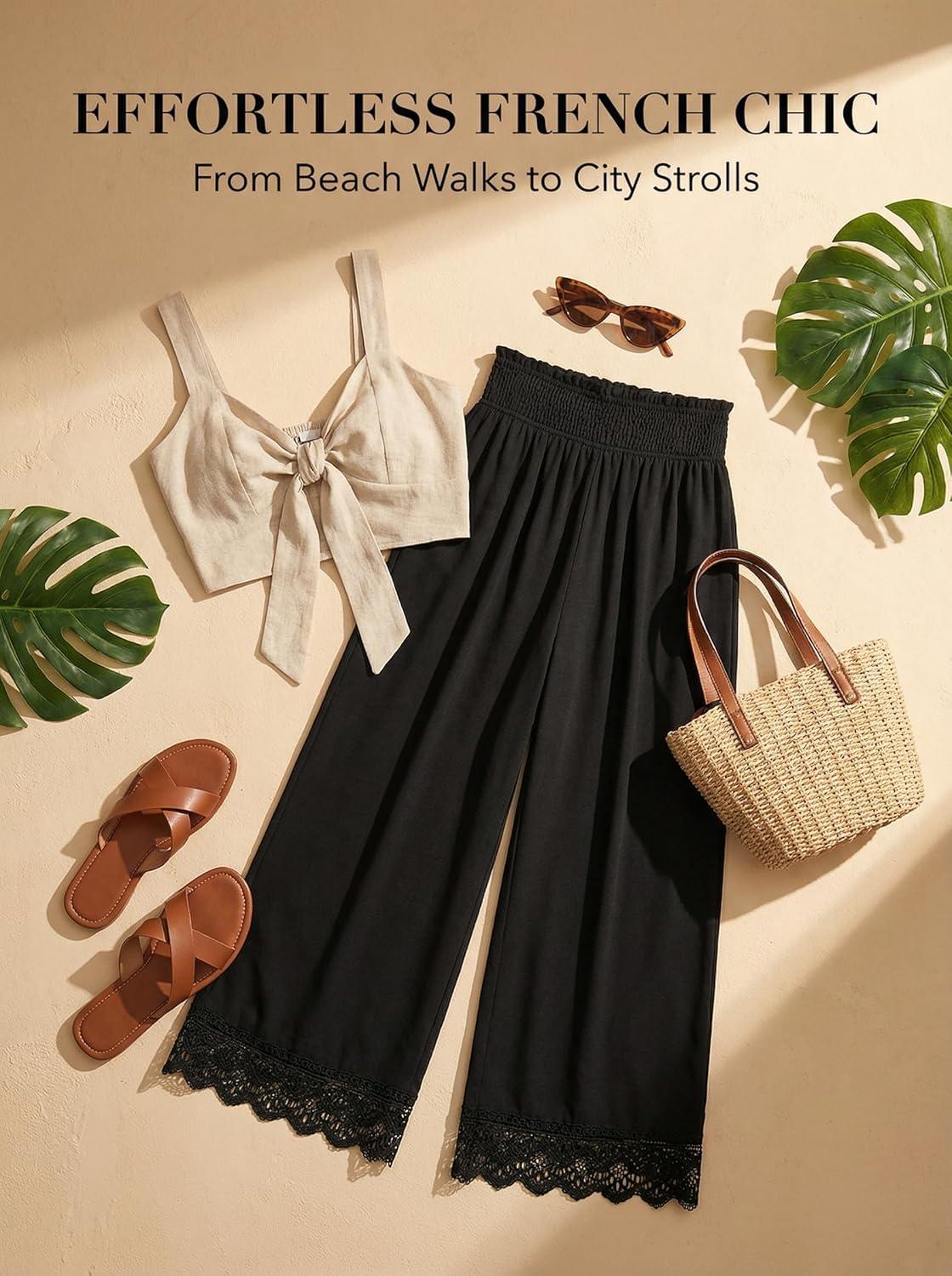 imageCUPSHE Womens Lace Trim Wide Leg Pants Spring Summer High Waist Smocked Palazzo Casual Beach Pants with PocketsBlack