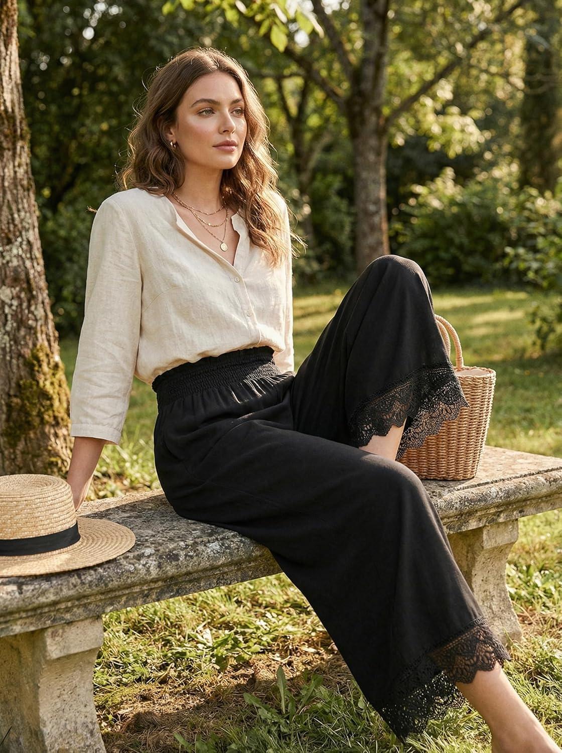 imageCUPSHE Womens Lace Trim Wide Leg Pants Spring Summer High Waist Smocked Palazzo Casual Beach Pants with PocketsBlack