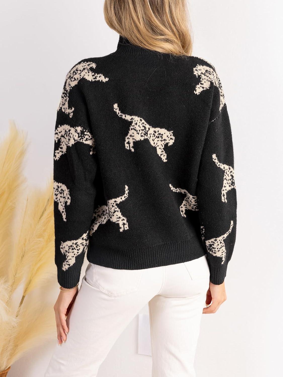 imageCUPSHE Womens Leopard High Neck Long Sleeve Fall Sweaters Cozy Knit Pullover Sweater Jumper TopBlack