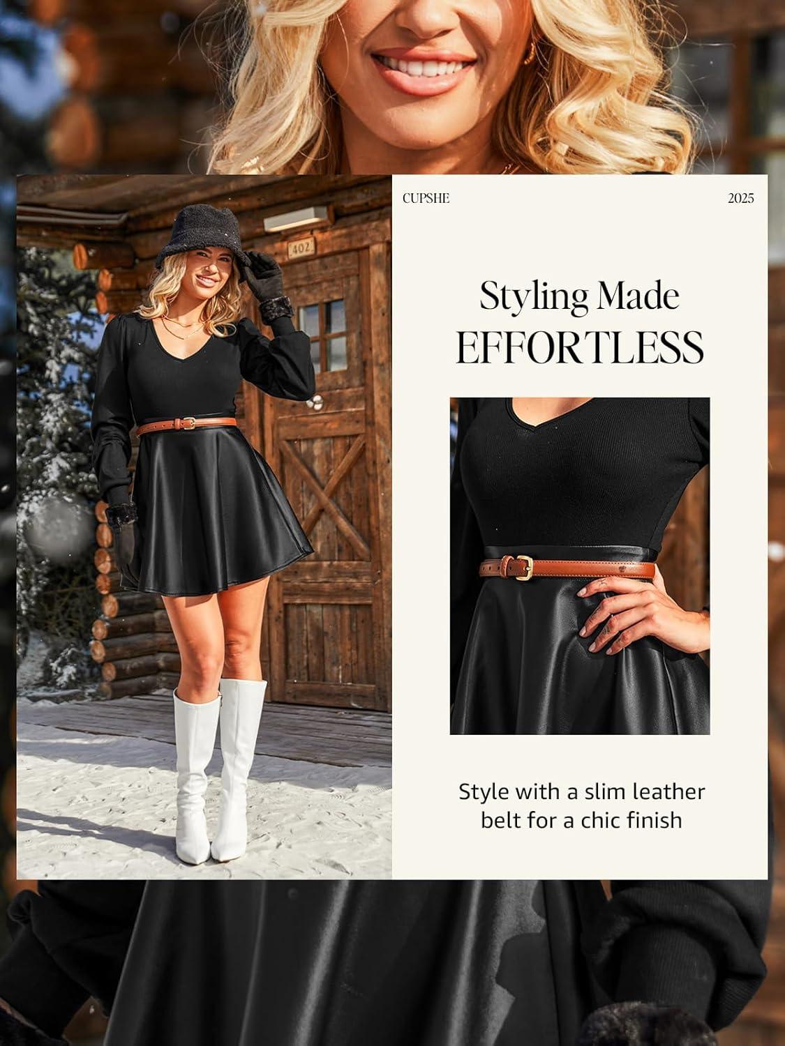 imageCUPSHE Womens Long Sleeve Fall Mini Dress V Neck High Waist A Line Ruffle Faux Leather DressBlackblack