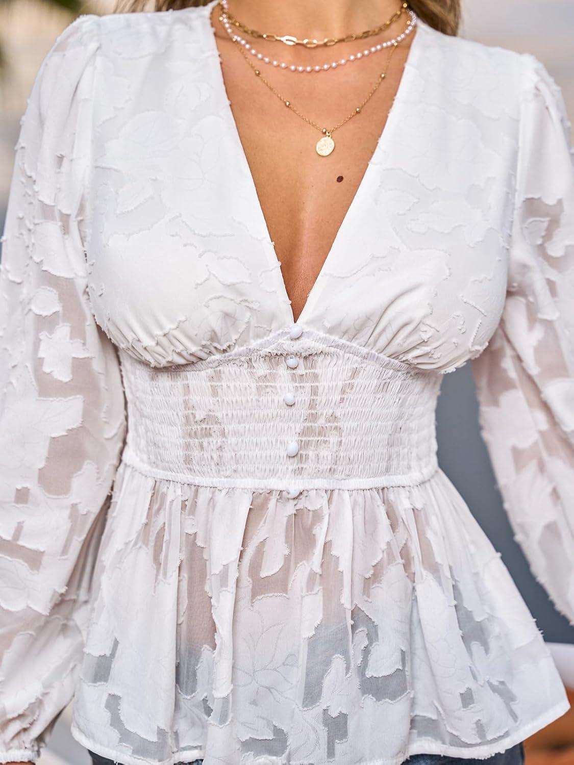 imageCUPSHE Womens Long Sleeve Lace Blouse See Through Sexy V Neck Eyelet Shirts Party Floral Club Dressy TopsWhite