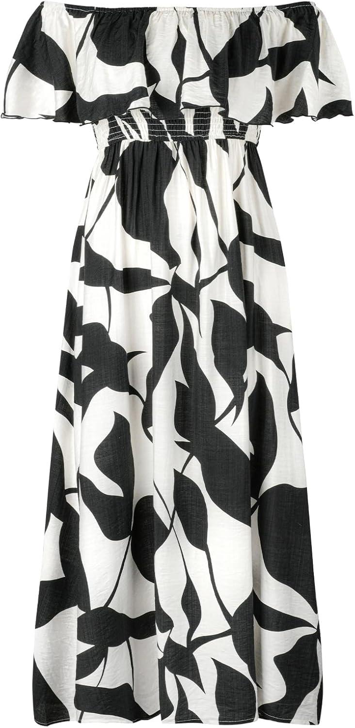 imageCUPSHE Womens Maternity Dresses for Photoshoot Ruffle Off Shoulder Short Sleeve Slit Hem Maxi DressBlackwhite