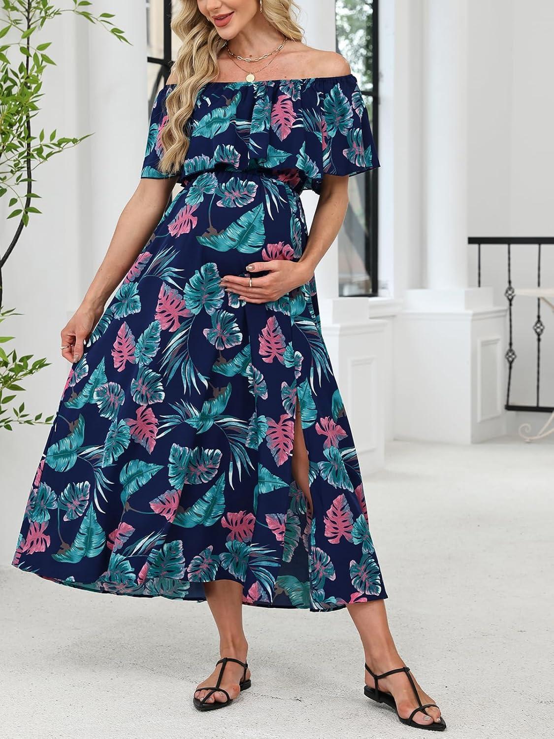 imageCUPSHE Womens Maternity Dresses for Photoshoot Ruffle Off Shoulder Short Sleeve Slit Hem Maxi DressBlue