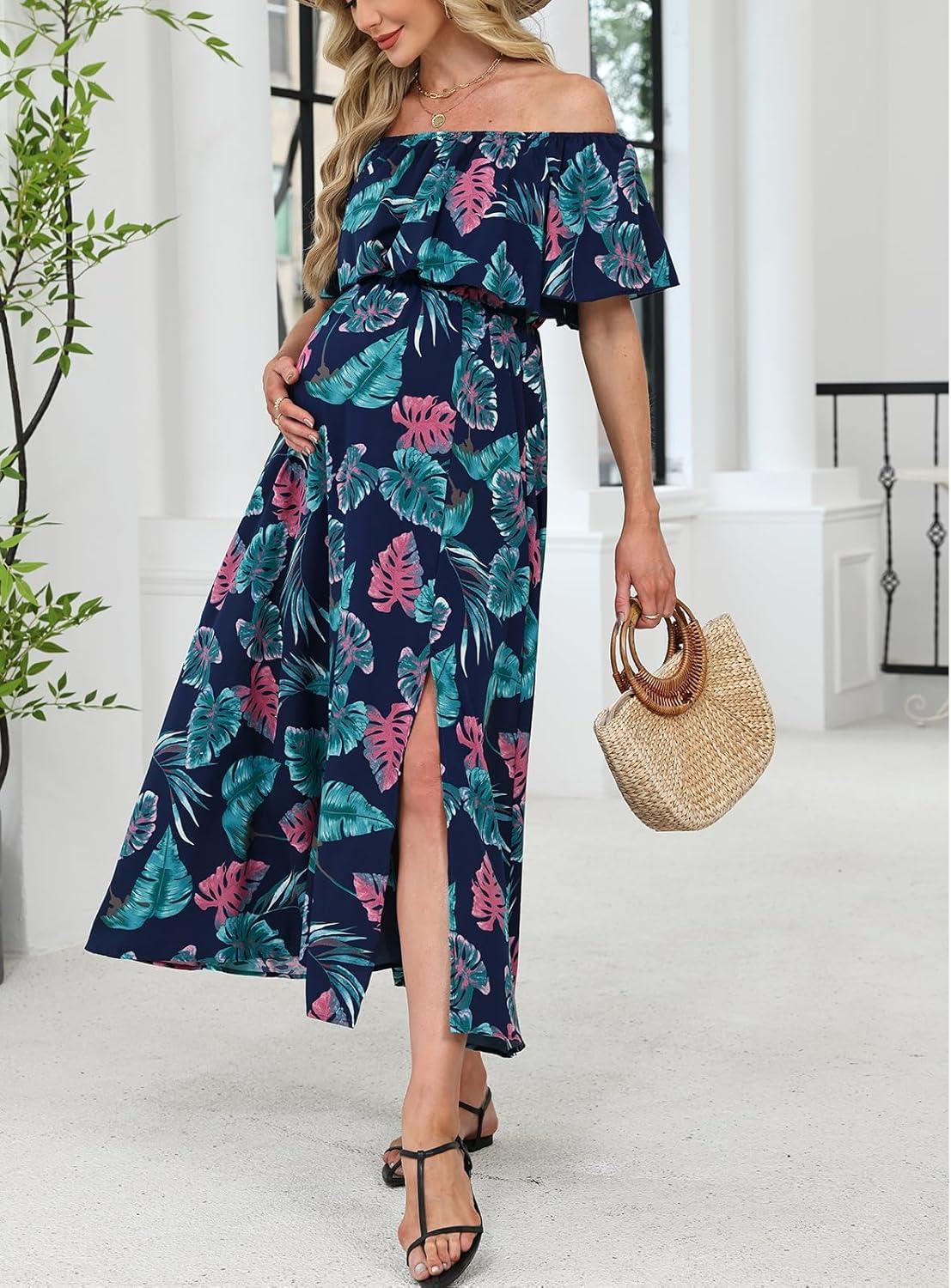 imageCUPSHE Womens Maternity Dresses for Photoshoot Ruffle Off Shoulder Short Sleeve Slit Hem Maxi DressBlue
