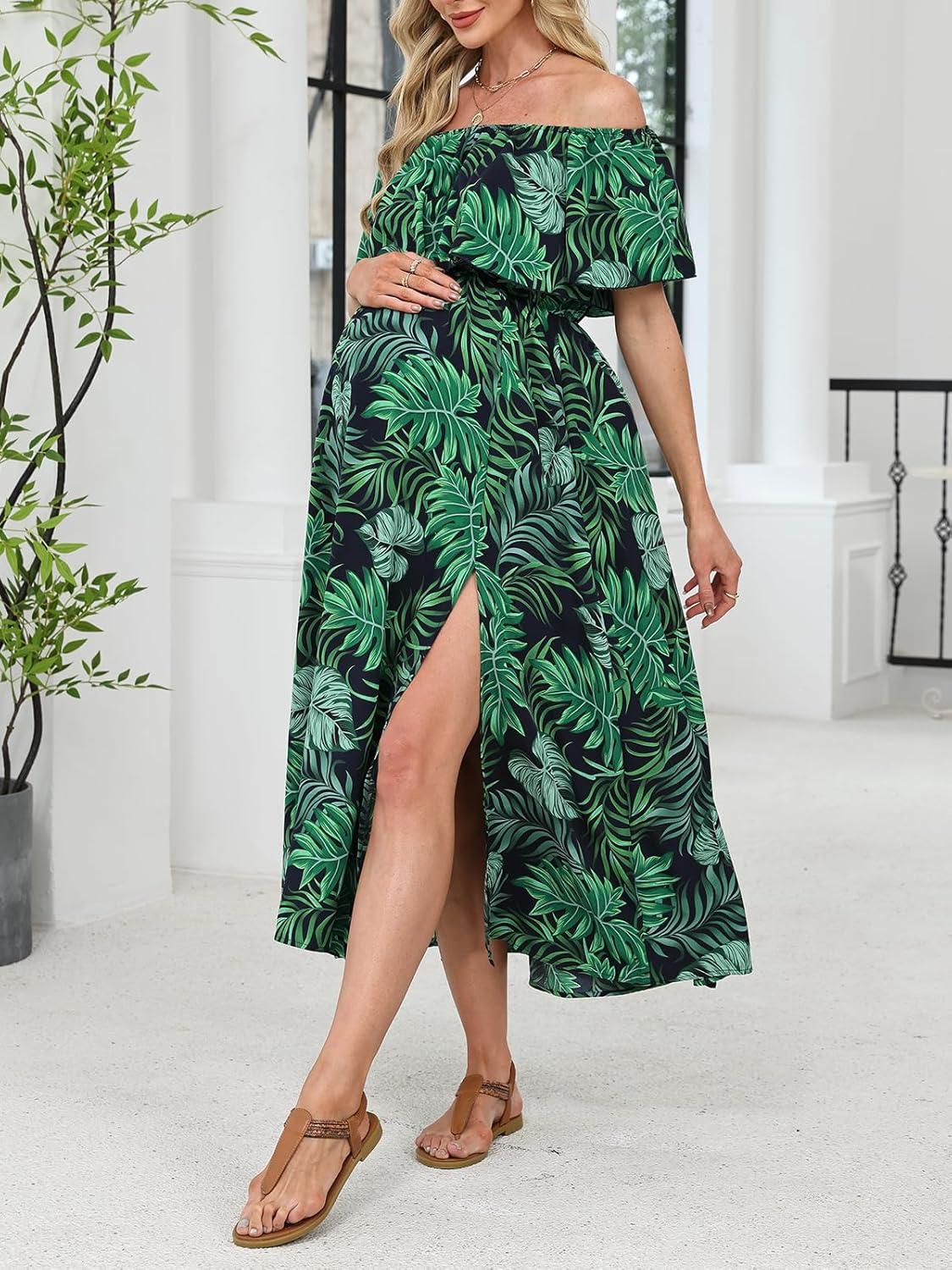 imageCUPSHE Womens Maternity Dresses for Photoshoot Ruffle Off Shoulder Short Sleeve Slit Hem Maxi DressGreen