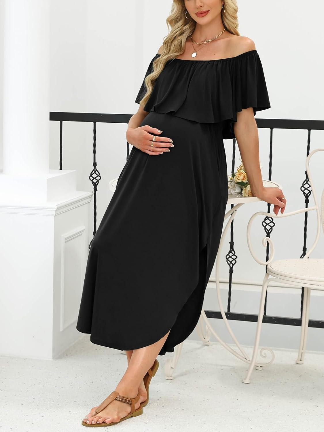 imageCUPSHE Womens Maxi OffShoulder Maternity Dress Summer Casual Sleeveless Ruffled Trim Photoshoot DressesBlack