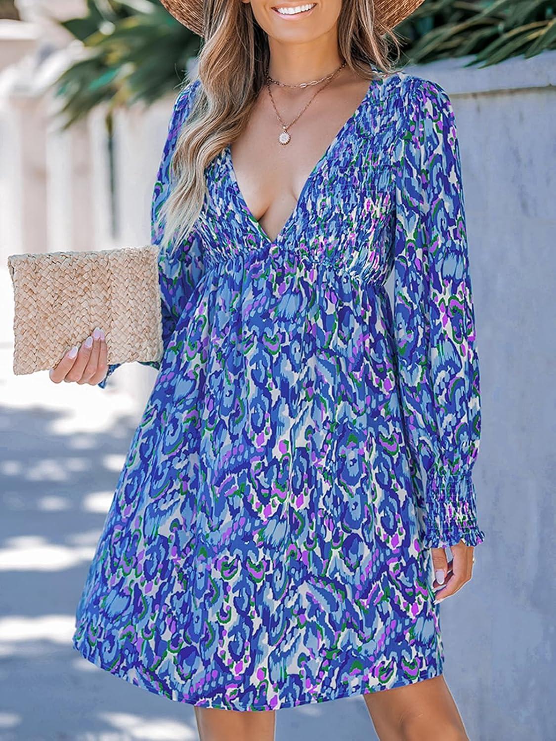 imageCUPSHE Womens Mini Dress Smocked V Neck Long Sleeve Empire Waist Casual A Line DressBlue Abstract