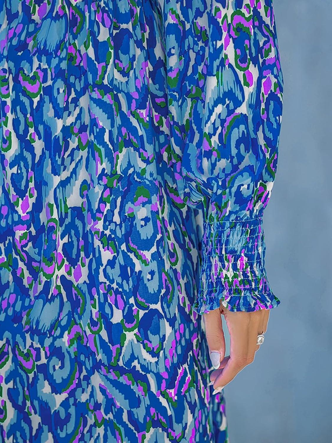 imageCUPSHE Womens Mini Dress Smocked V Neck Long Sleeve Empire Waist Casual A Line DressBlue Abstract
