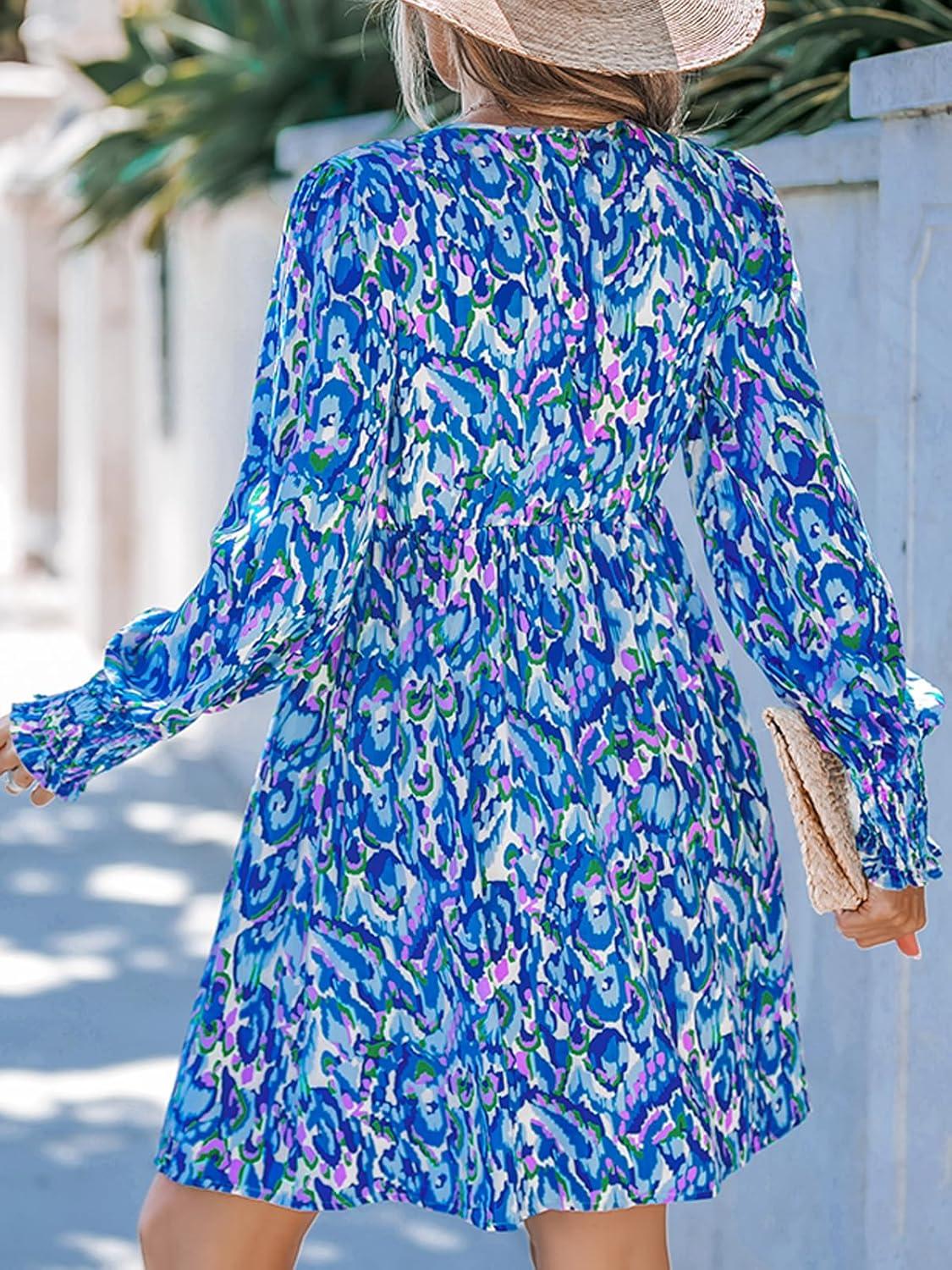imageCUPSHE Womens Mini Dress Smocked V Neck Long Sleeve Empire Waist Casual A Line DressBlue Abstract