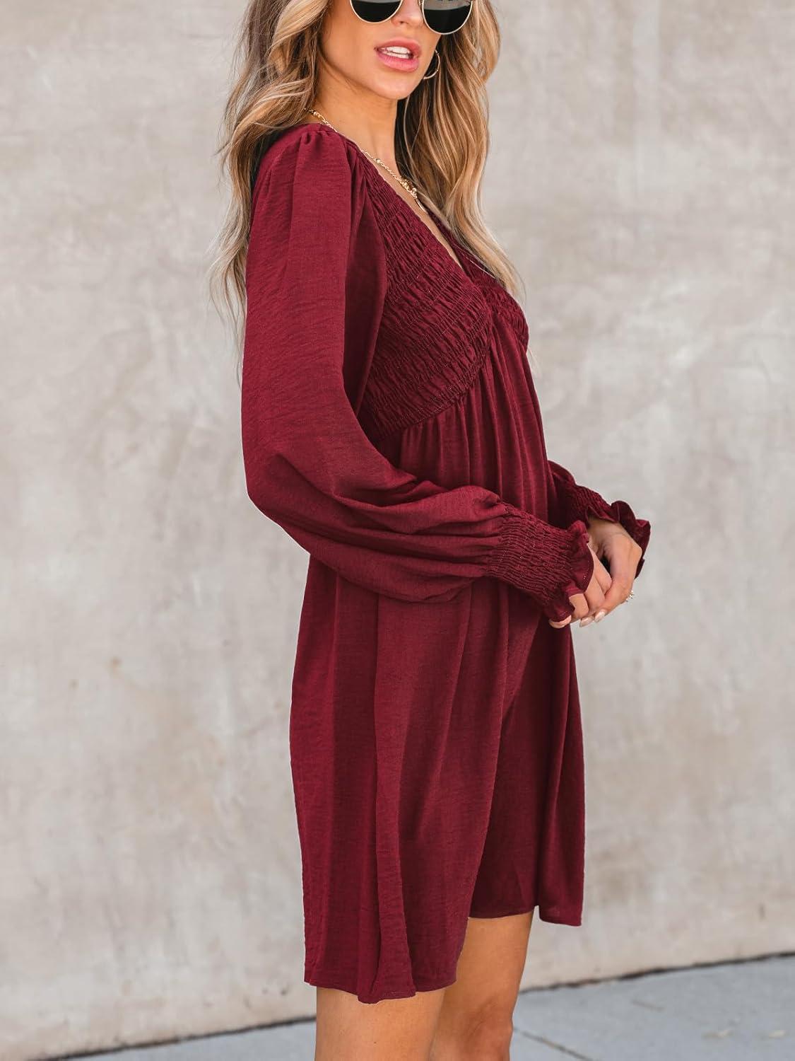 imageCUPSHE Womens Mini Dress Smocked V Neck Long Sleeve Empire Waist Casual A Line DressBurgundy