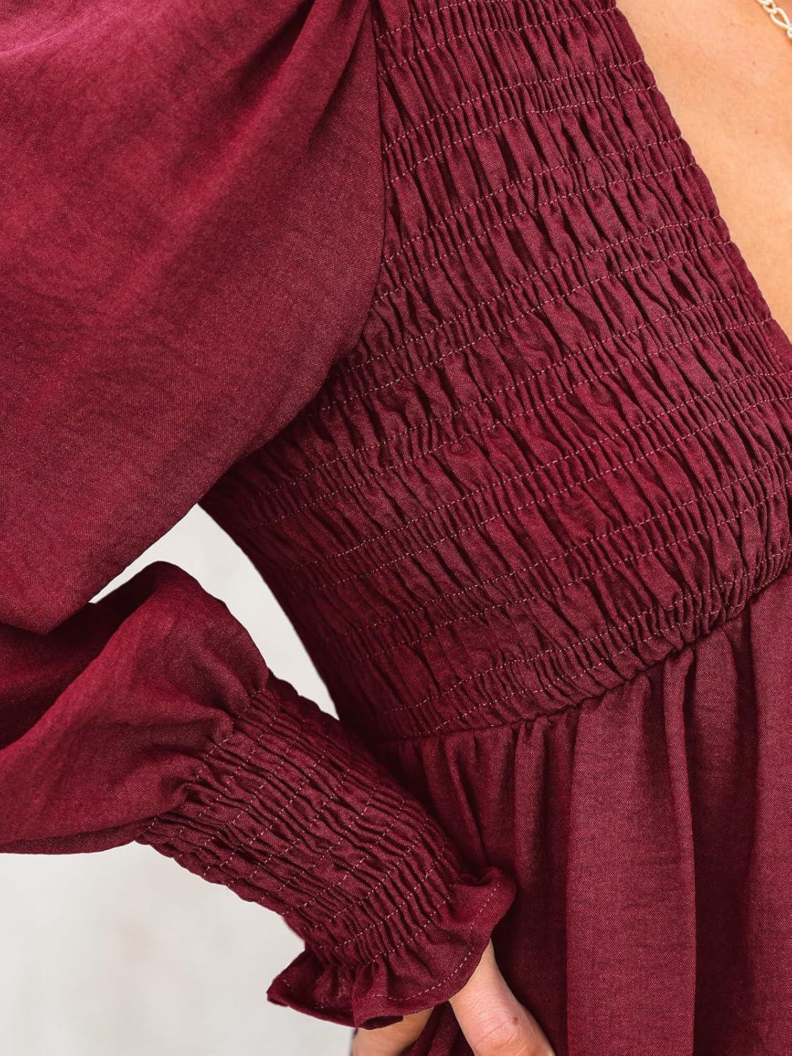 imageCUPSHE Womens Mini Dress Smocked V Neck Long Sleeve Empire Waist Casual A Line DressBurgundy