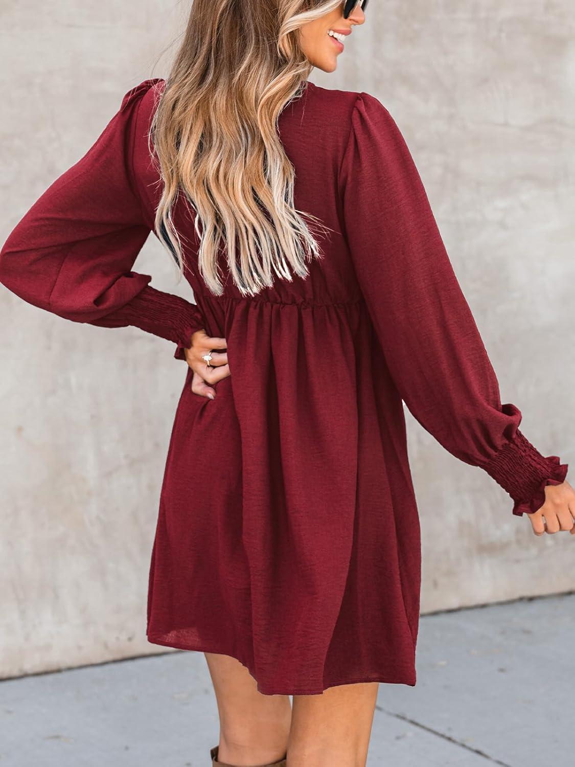 imageCUPSHE Womens Mini Dress Smocked V Neck Long Sleeve Empire Waist Casual A Line DressBurgundy