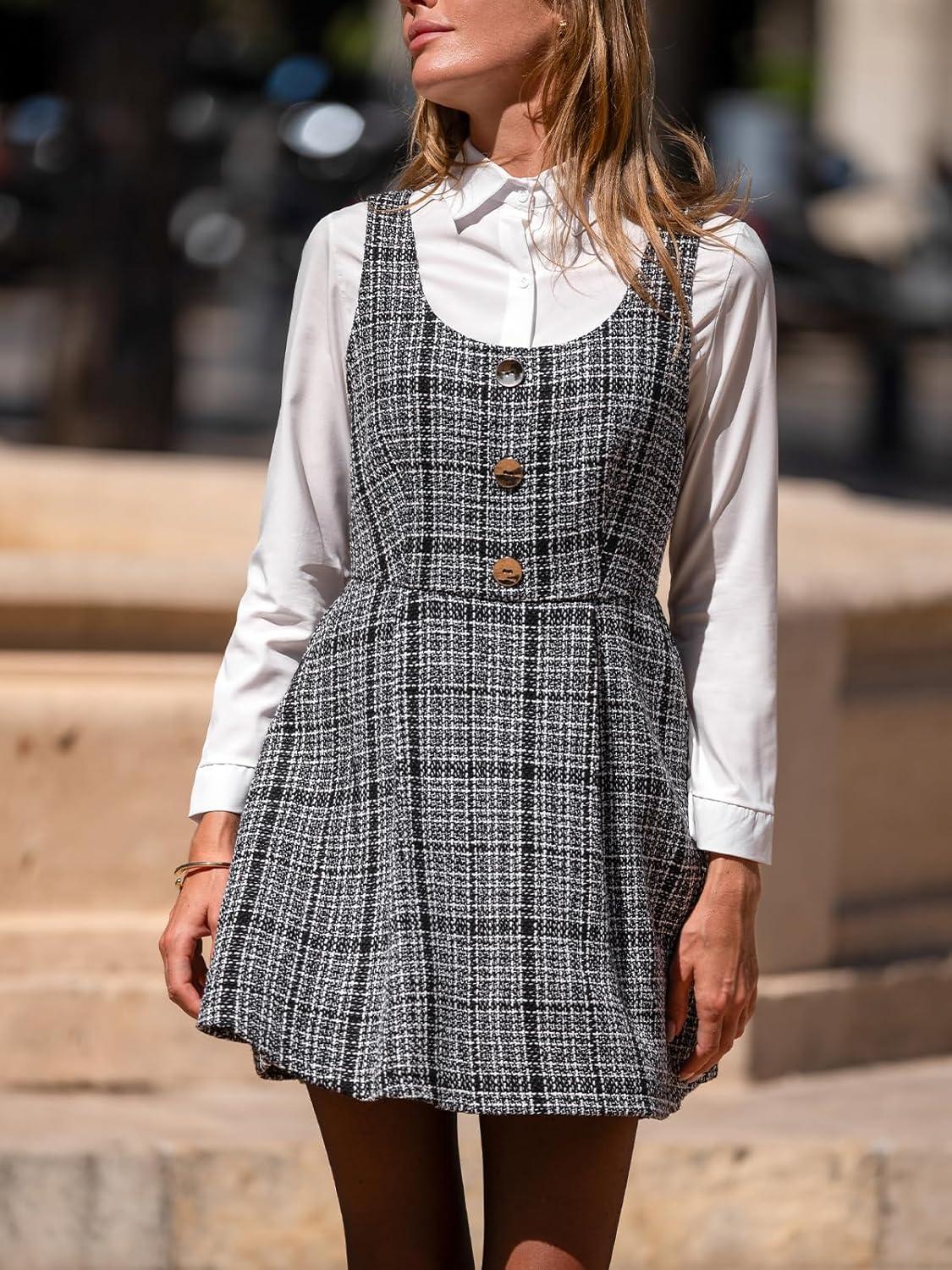 imageCUPSHE Womens Mini Overall Dresses Scoop Neck Plaid Sleeveless Casual Short A Line Cute Fall Pinafore DressBlack Plaid