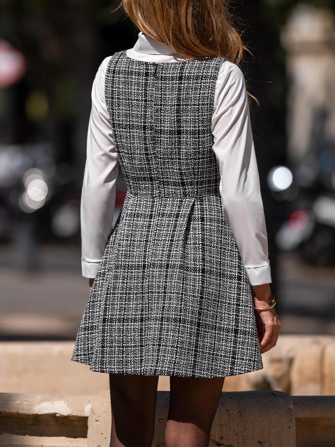 imageCUPSHE Womens Mini Overall Dresses Scoop Neck Plaid Sleeveless Casual Short A Line Cute Fall Pinafore DressBlack Plaid