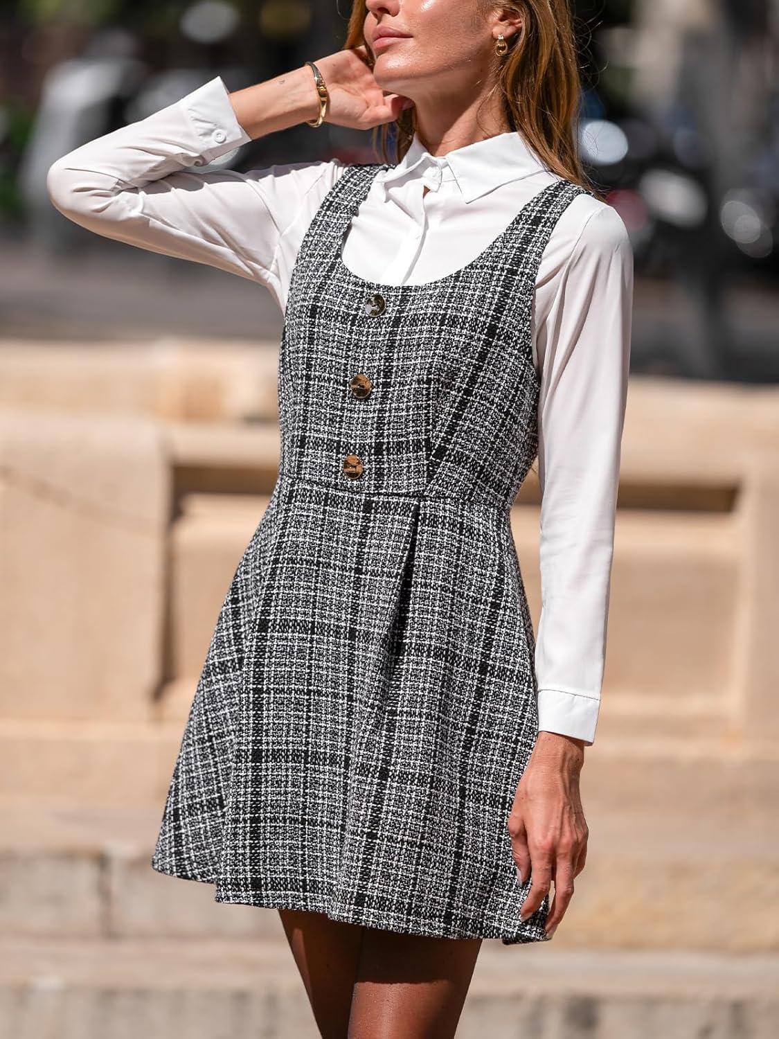 imageCUPSHE Womens Mini Overall Dresses Scoop Neck Plaid Sleeveless Casual Short A Line Cute Fall Pinafore DressBlack Plaid