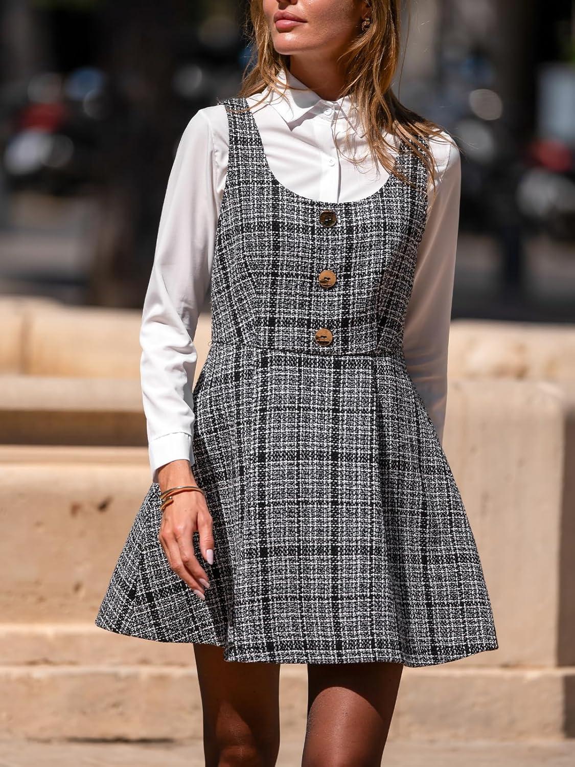 imageCUPSHE Womens Mini Overall Dresses Scoop Neck Plaid Sleeveless Casual Short A Line Cute Fall Pinafore DressBlack Plaid