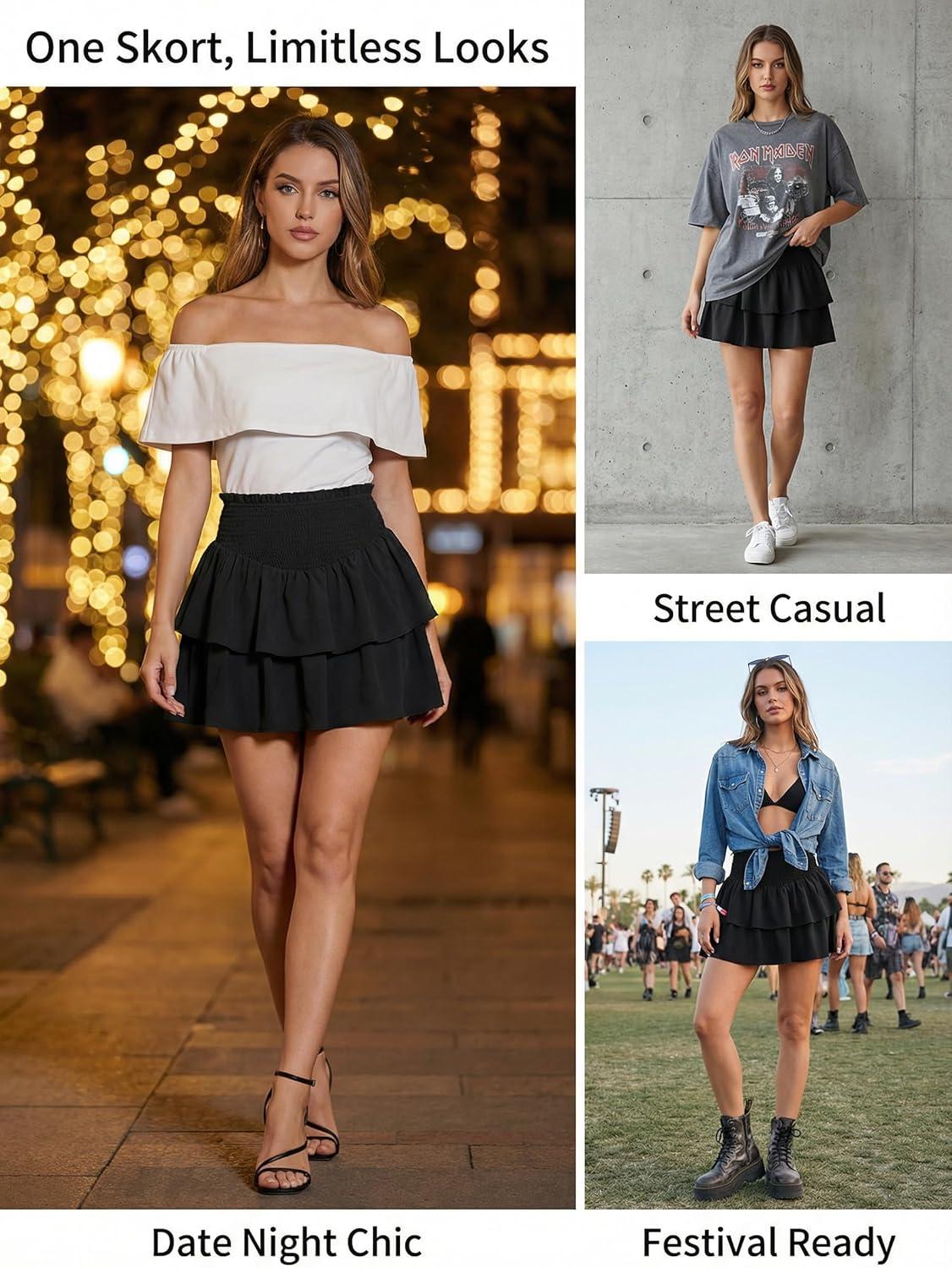 imageCUPSHE Womens Mini Skirts Smocked High Waist Tiered Ruffle Summer CasualBlack