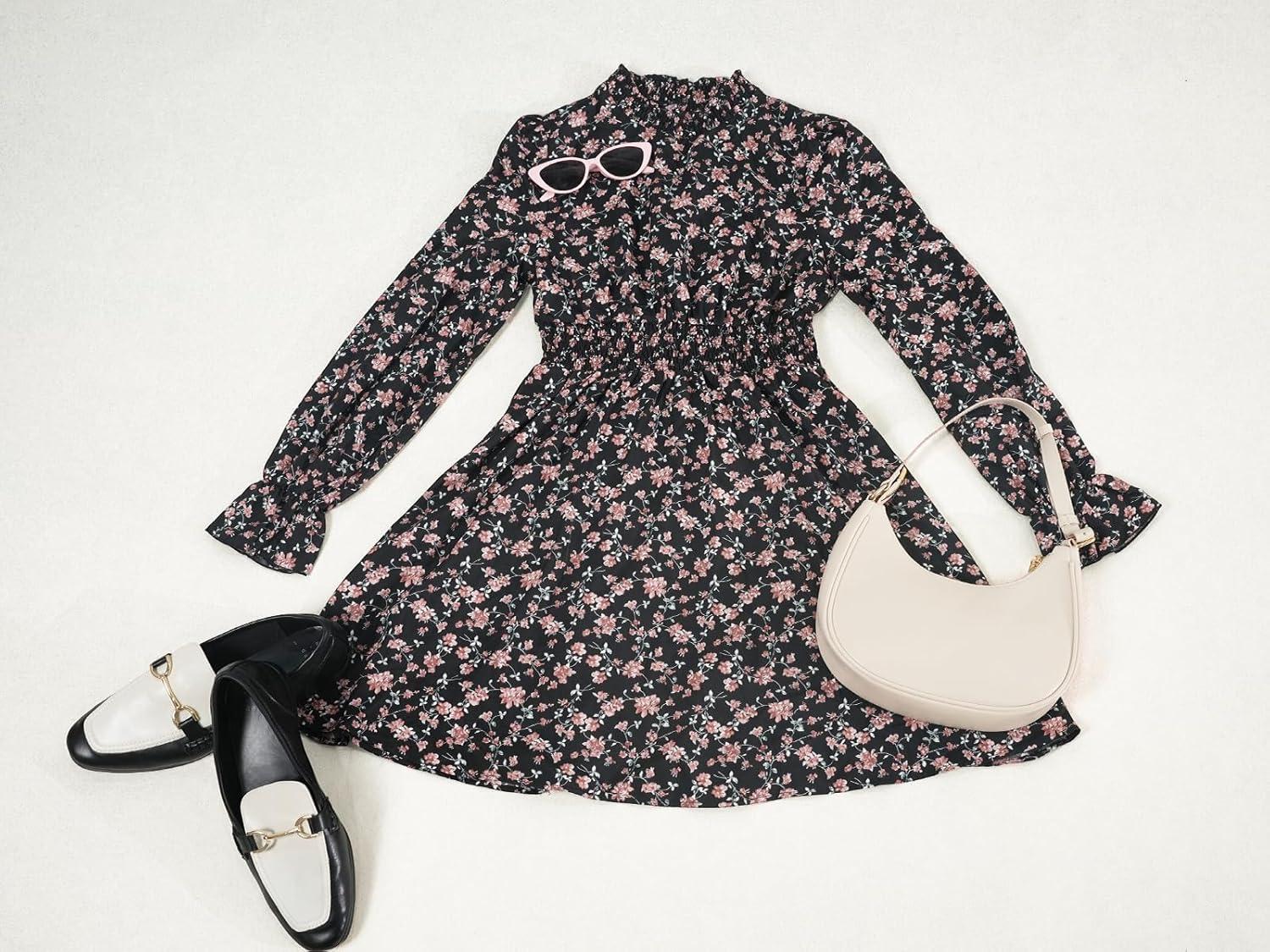 imageCUPSHE Womens Mock Neck Floral Mini Fall Dress Long Ruffle Sleeve Elastic Waist Smocked Casual Flowying Mini DressesBlack