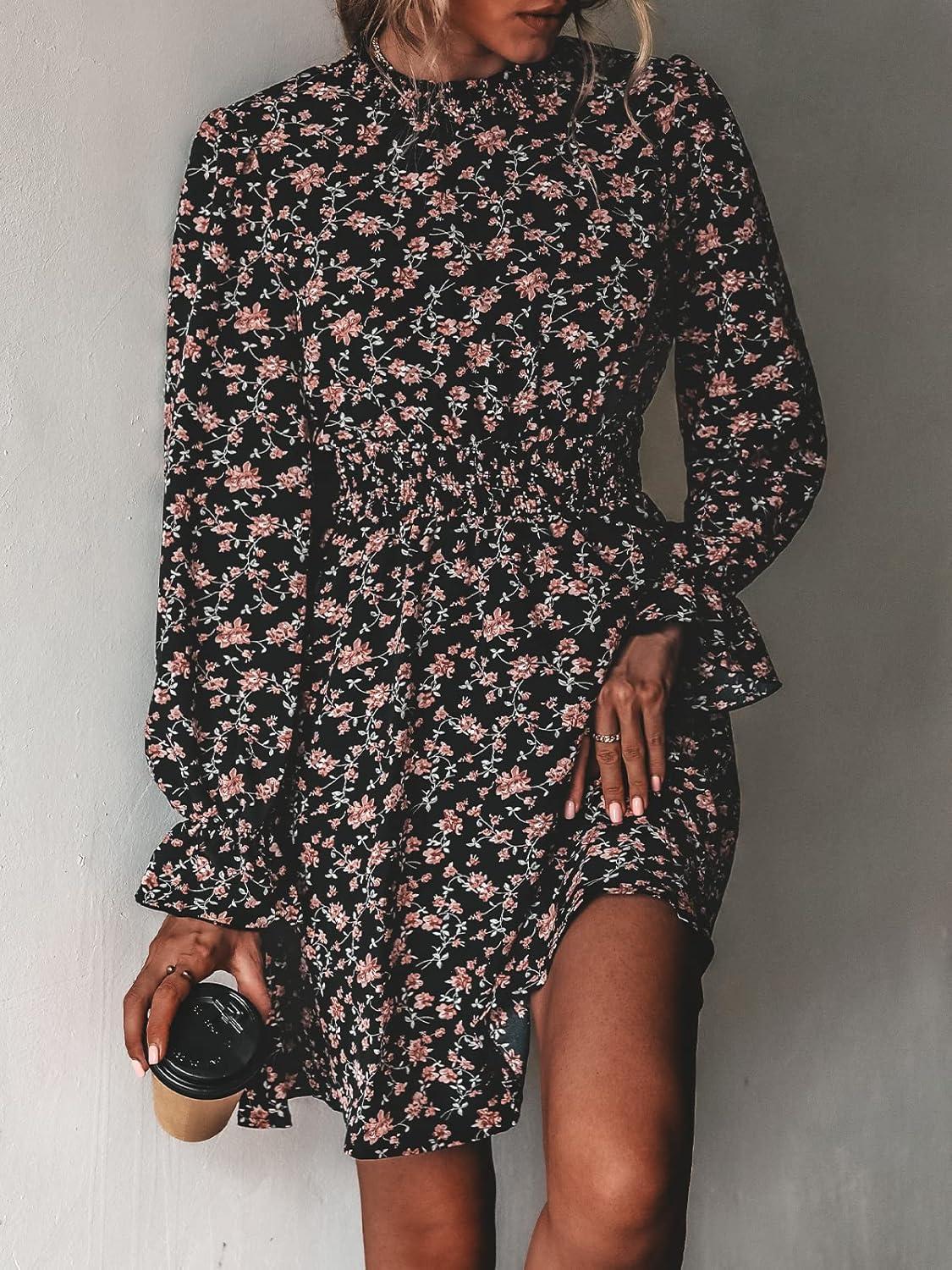 imageCUPSHE Womens Mock Neck Floral Mini Fall Dress Long Ruffle Sleeve Elastic Waist Smocked Casual Flowying Mini DressesBlack