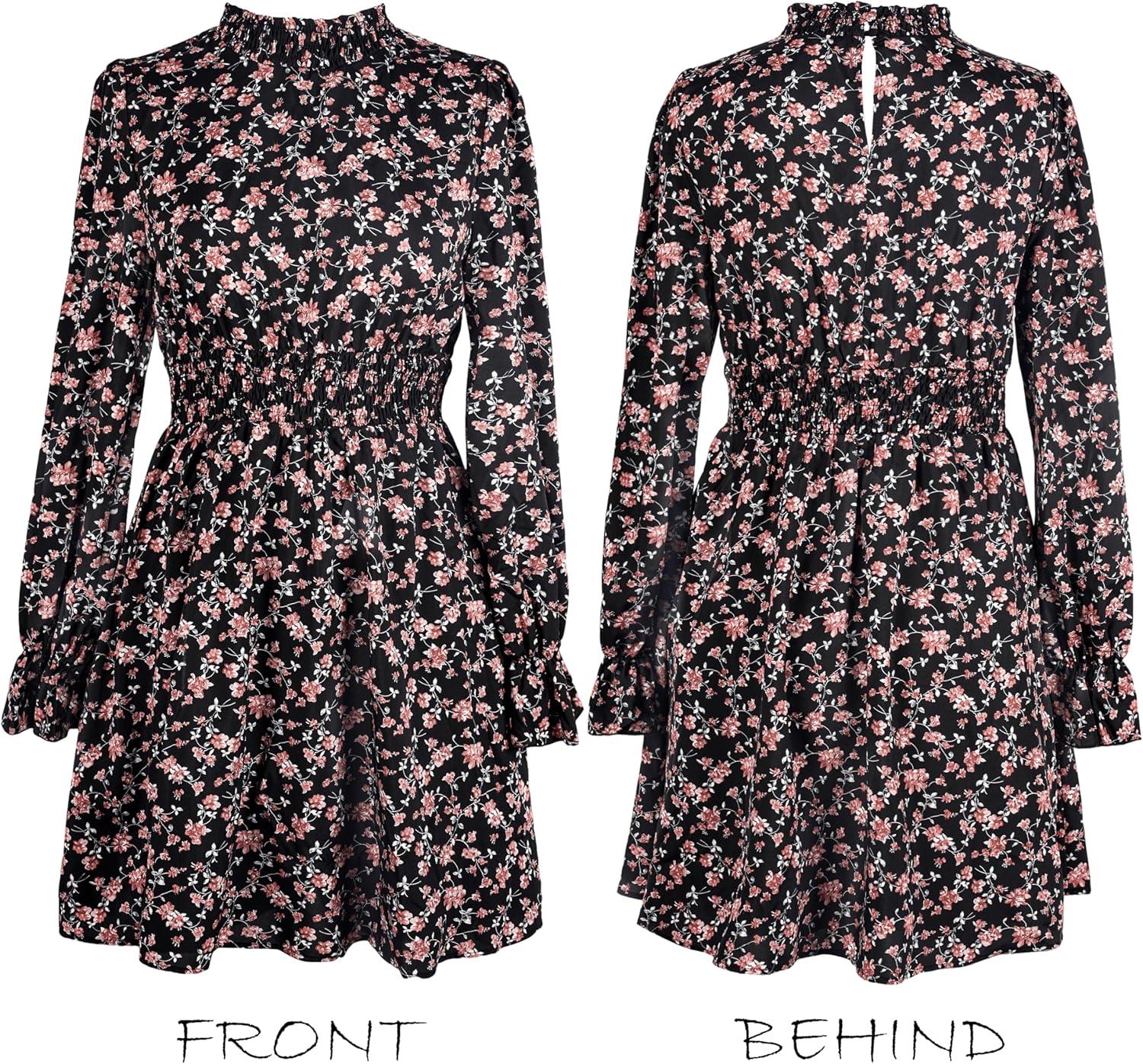 imageCUPSHE Womens Mock Neck Floral Mini Fall Dress Long Ruffle Sleeve Elastic Waist Smocked Casual Flowying Mini DressesBlack